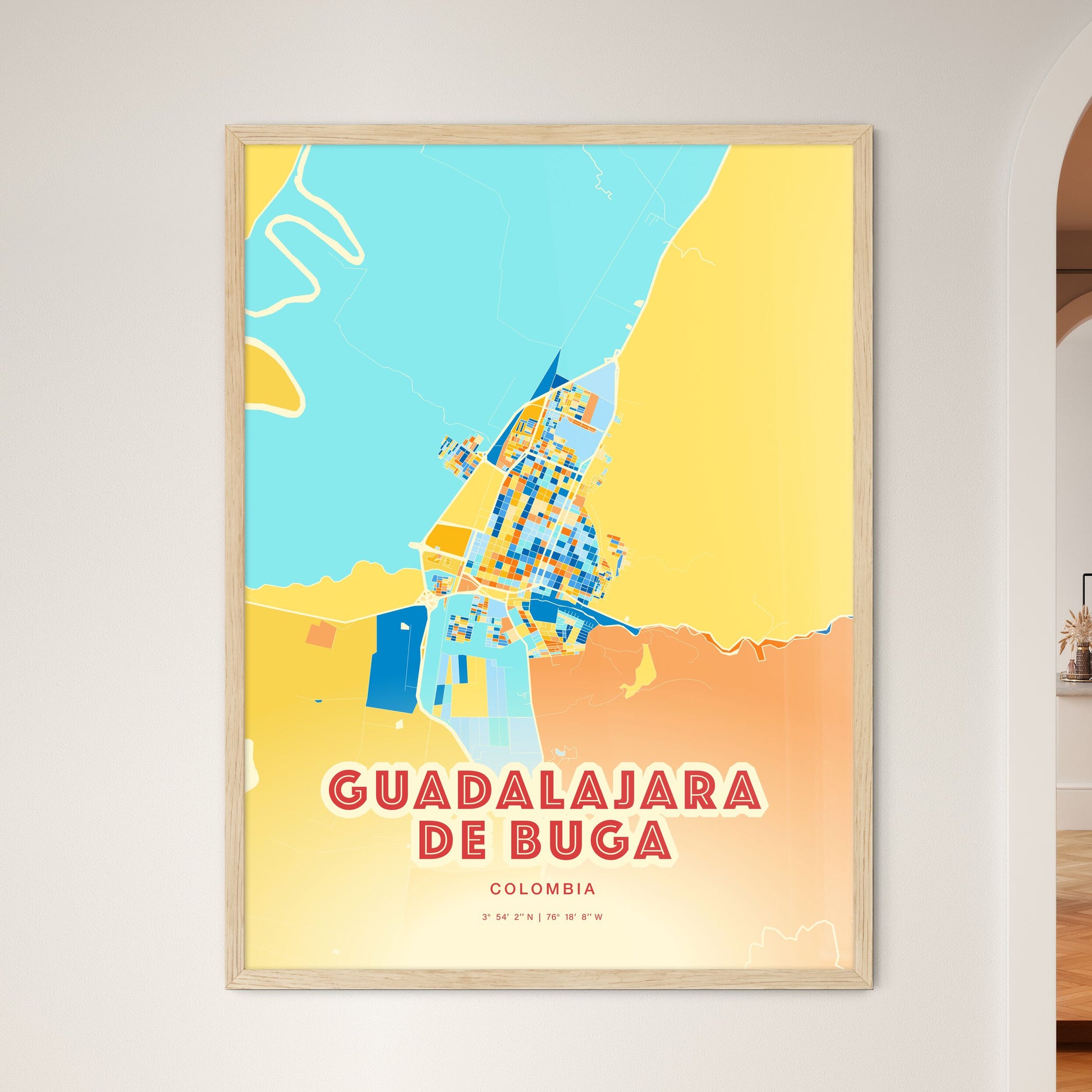 Colorful GUADALAJARA DE BUGA COLOMBIA Fine Art Map Blue Orange