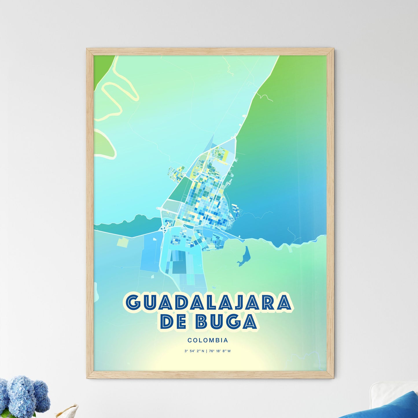 Colorful GUADALAJARA DE BUGA COLOMBIA Fine Art Map Cool Blue