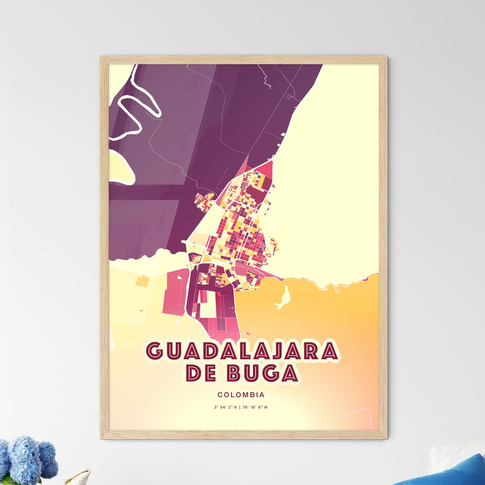 Colorful GUADALAJARA DE BUGA COLOMBIA Fine Art Map Hot Red