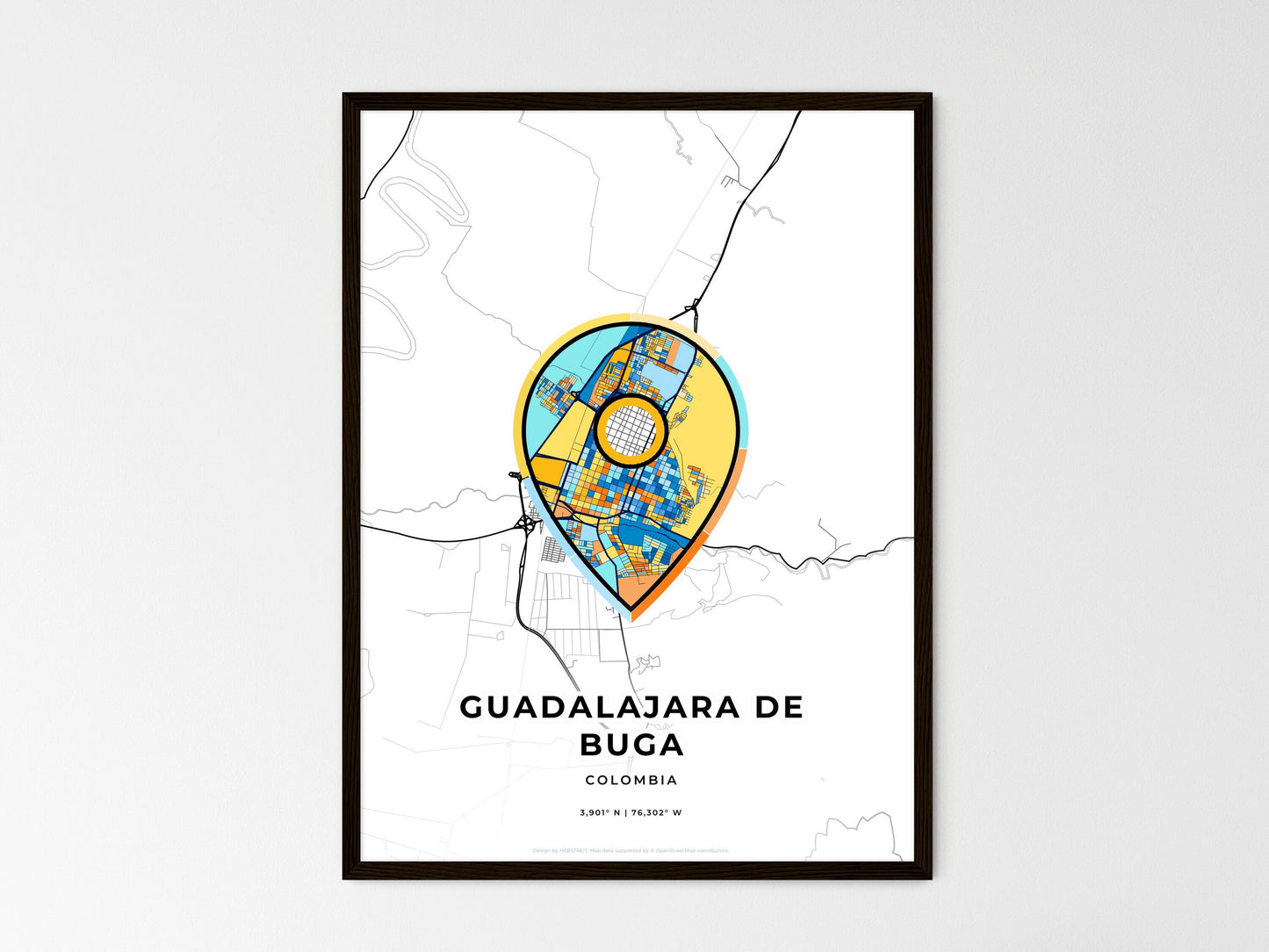 Guadalajara De Buga Colombia wedding art map with pointer icon