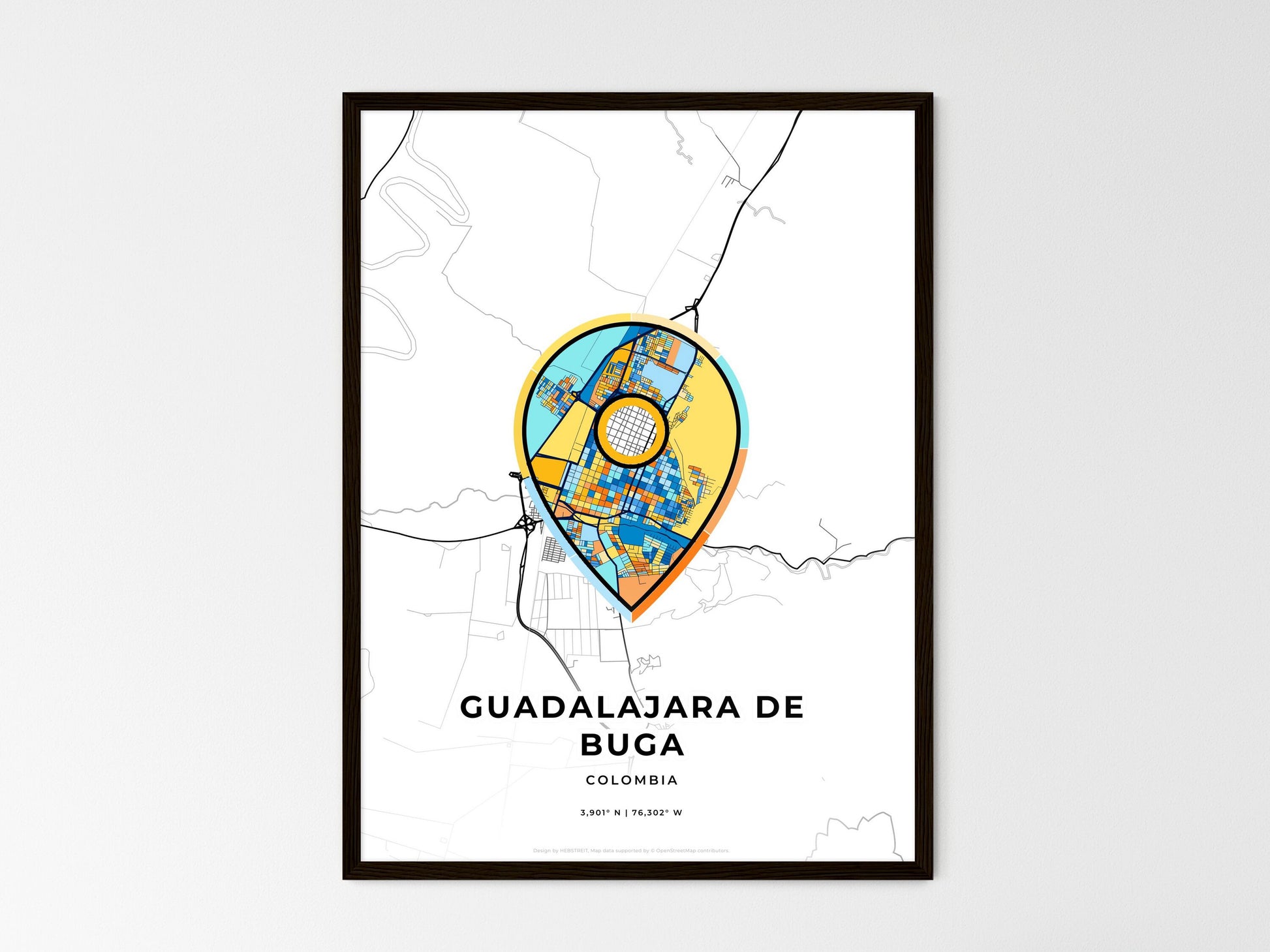 Guadalajara De Buga Colombia wedding art map with pointer icon