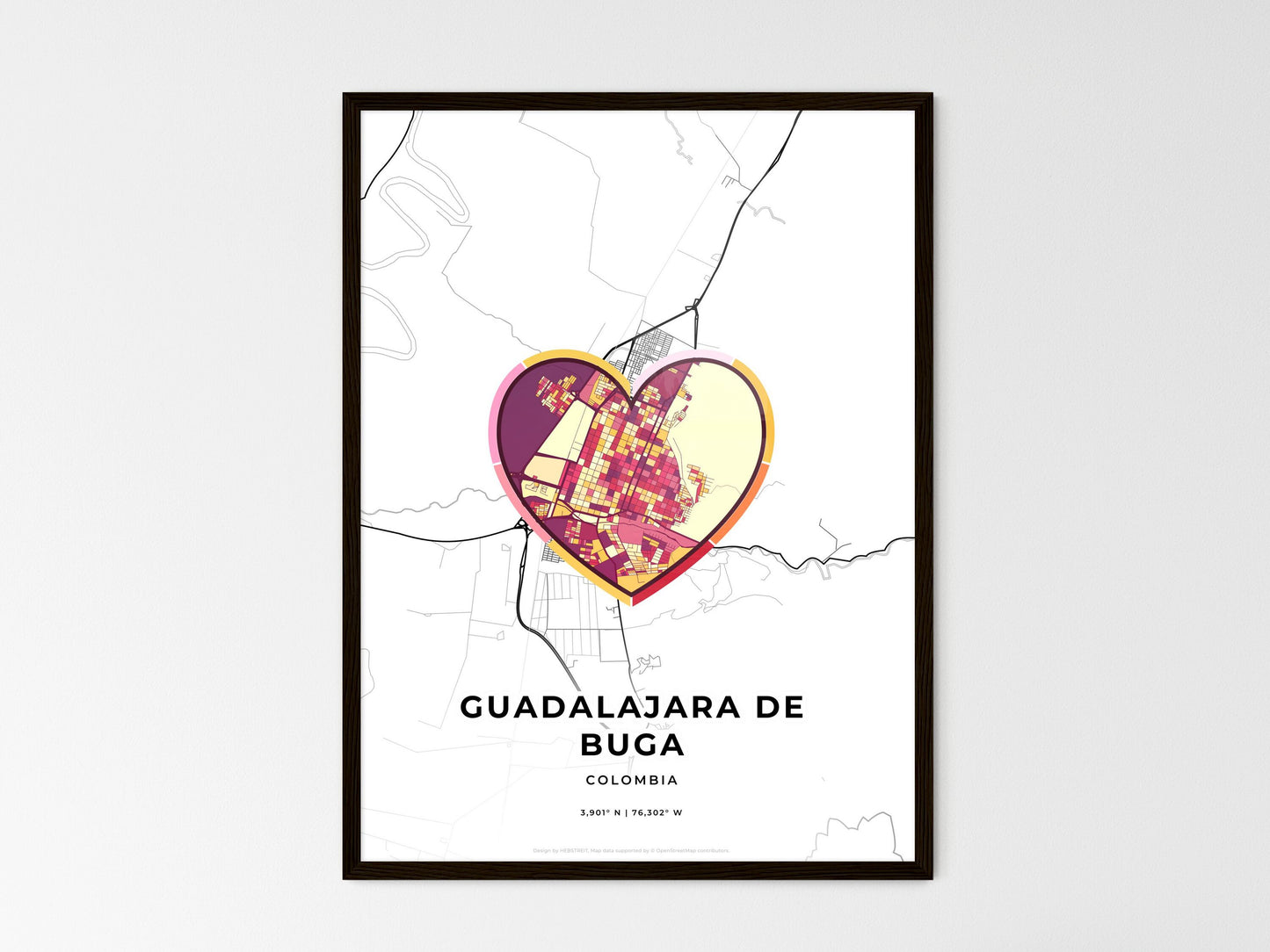 Guadalajara De Buga Colombia wedding art map with heart icon