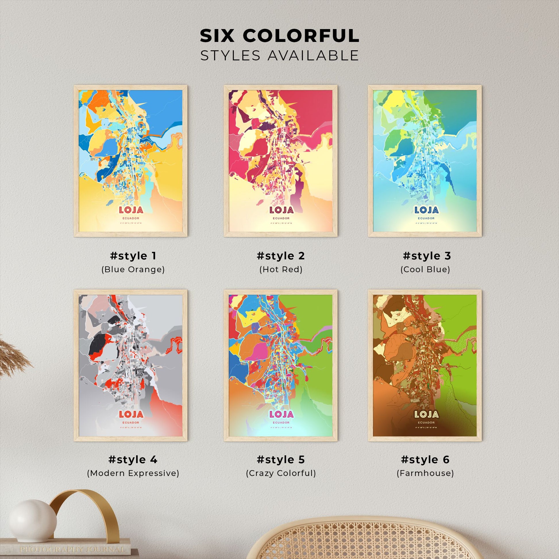 Colorful LOJA ECUADOR Fine Art Map Blue Orange