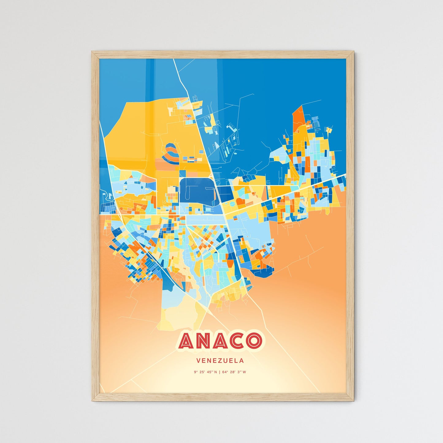 Colorful ANACO VENEZUELA Fine Art Map Blue Orange