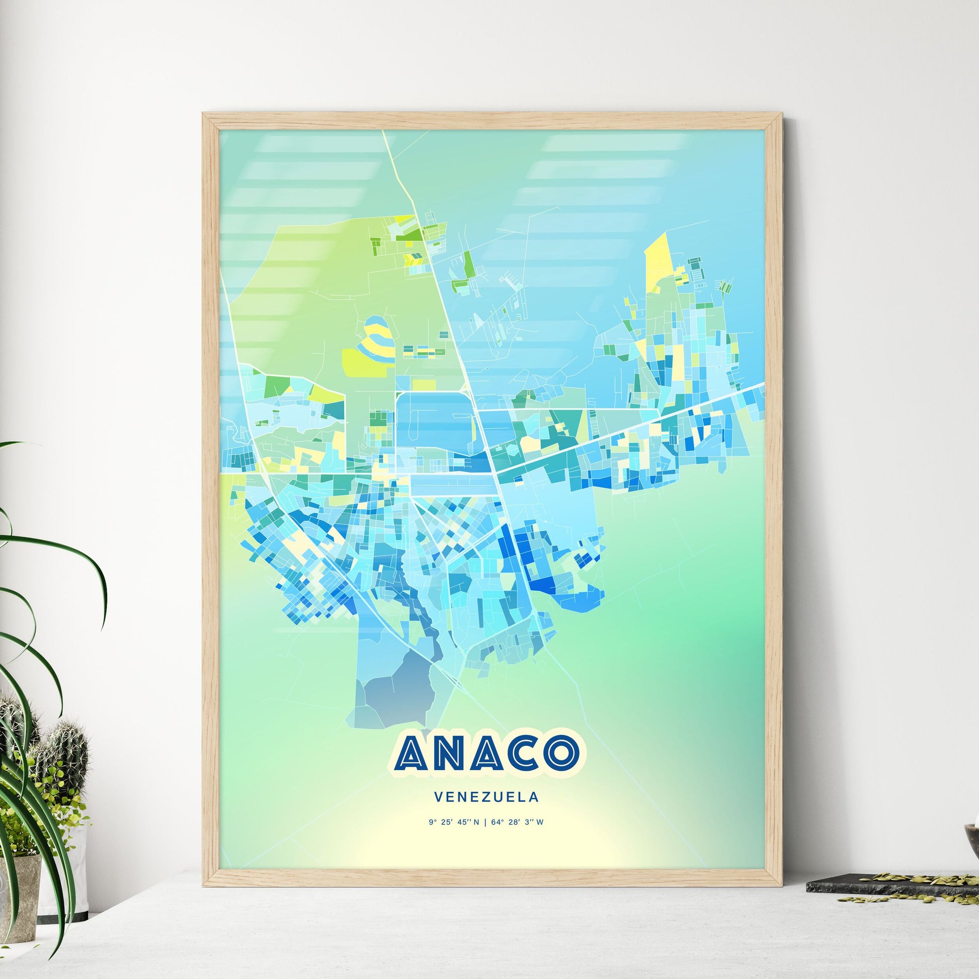 Colorful ANACO VENEZUELA Fine Art Map Cool Blue