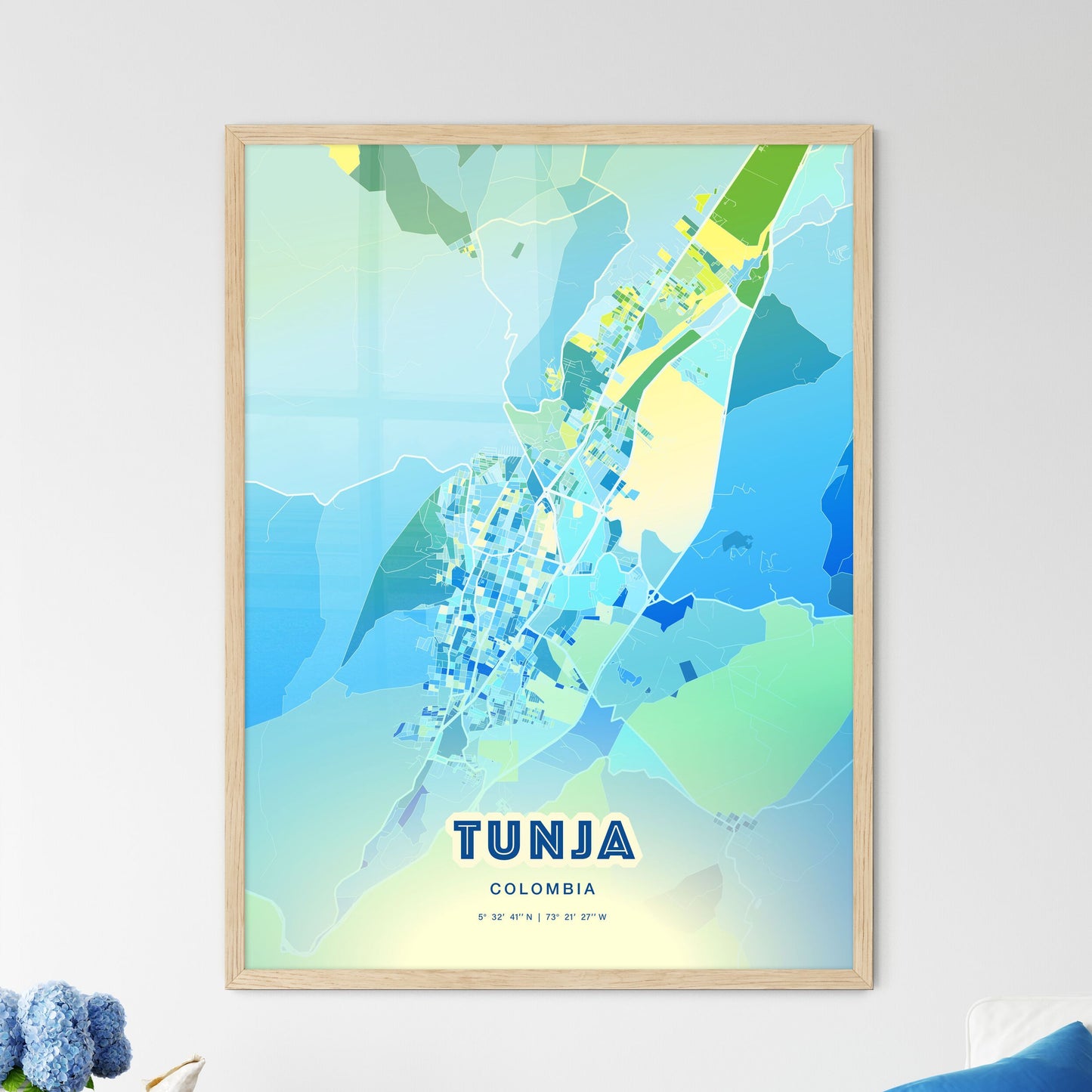 Colorful TUNJA COLOMBIA Fine Art Map Cool Blue