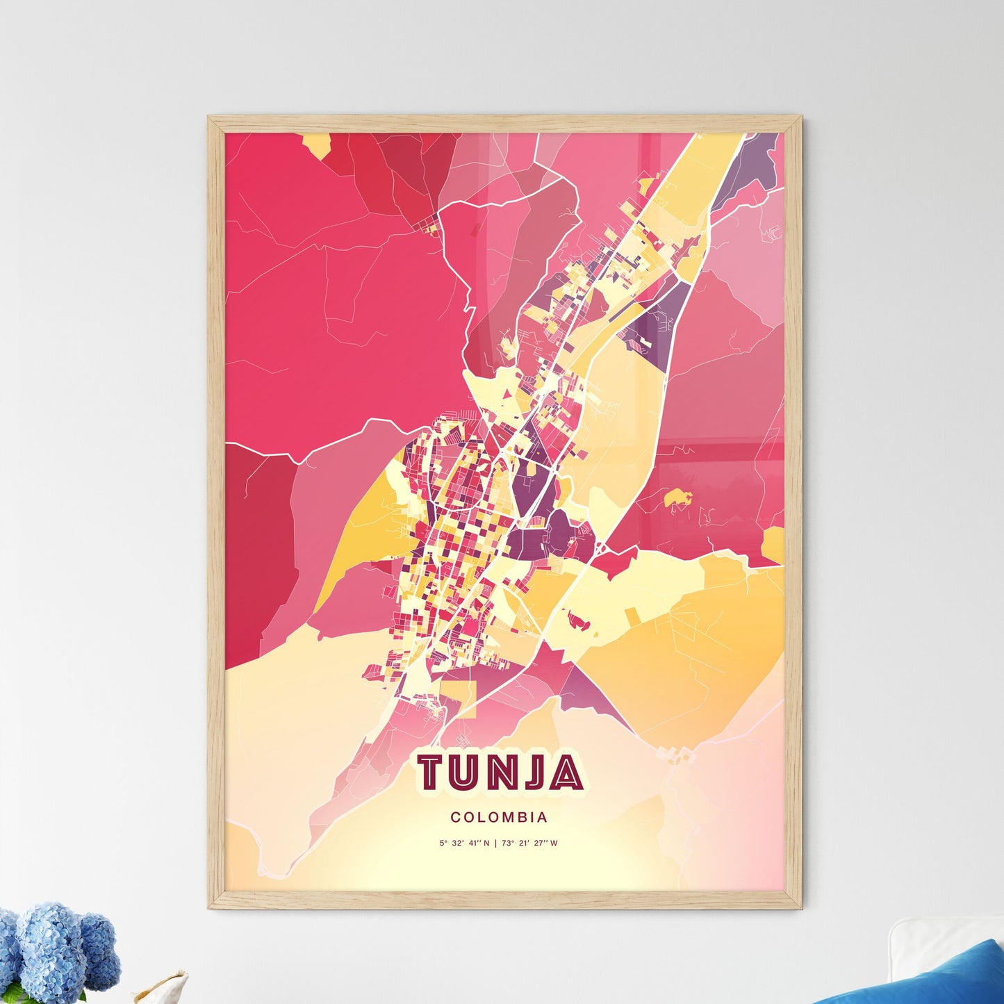 Colorful TUNJA COLOMBIA Fine Art Map Hot Red