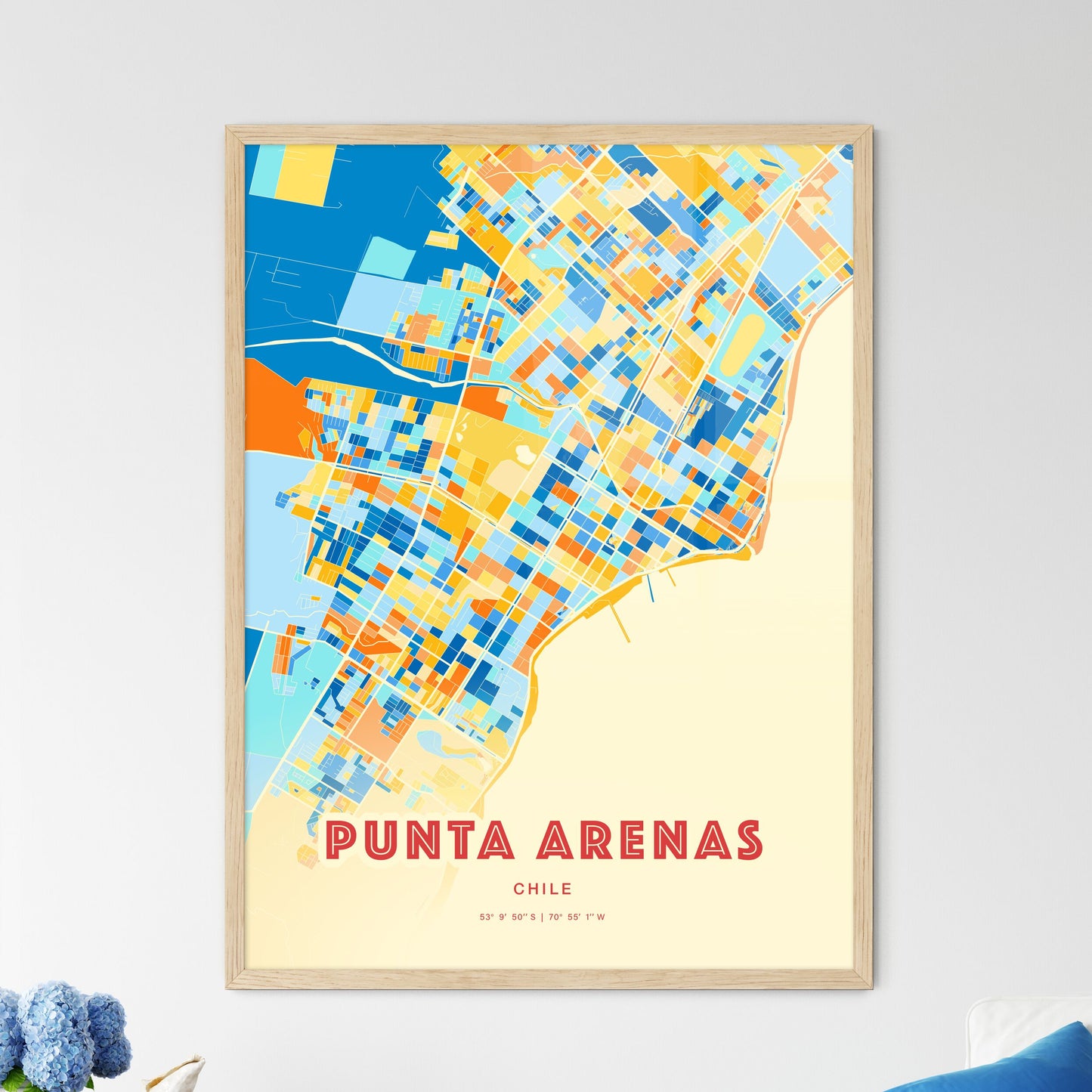 Colorful PUNTA ARENAS CHILE Fine Art Map Blue Orange