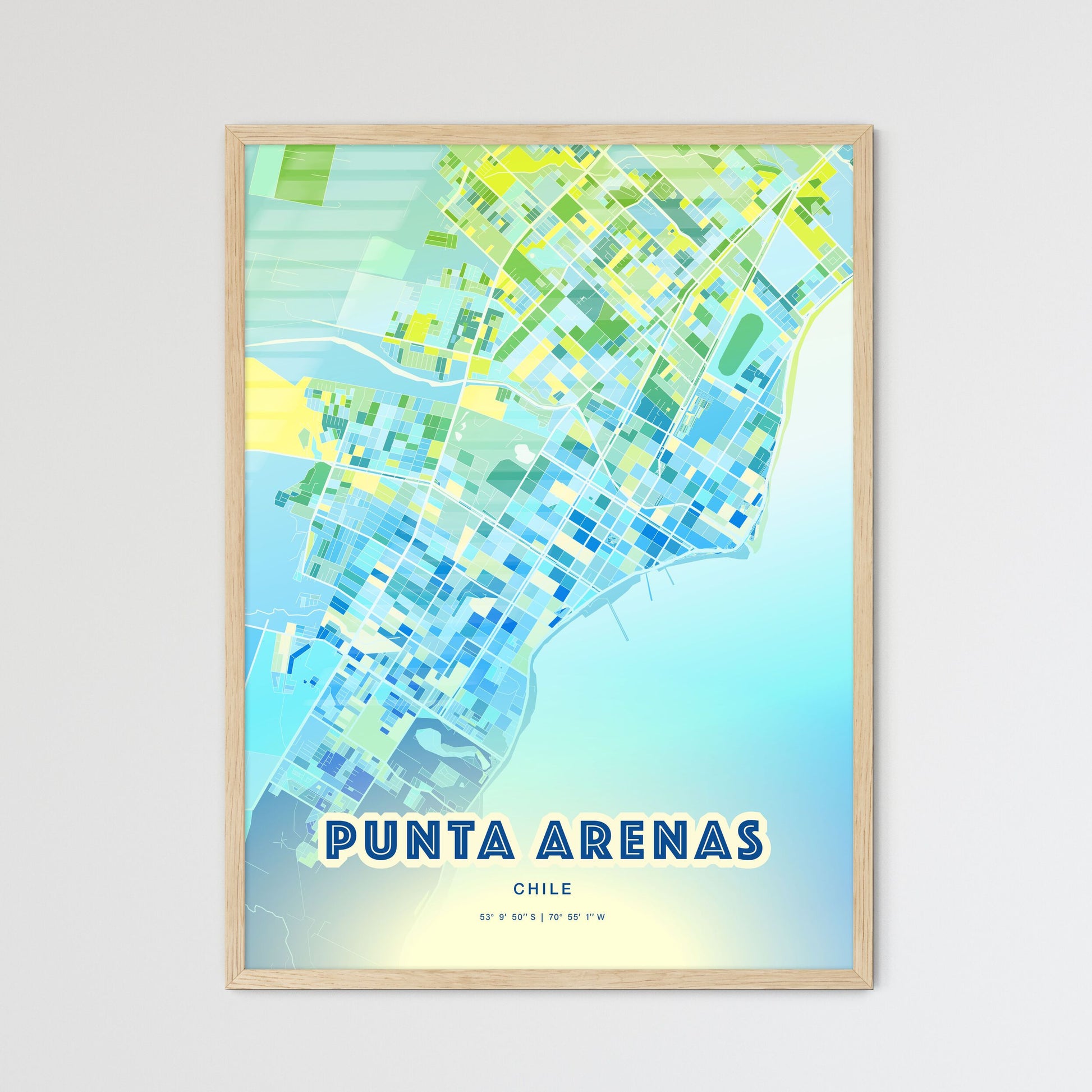 Colorful PUNTA ARENAS CHILE Fine Art Map Cool Blue