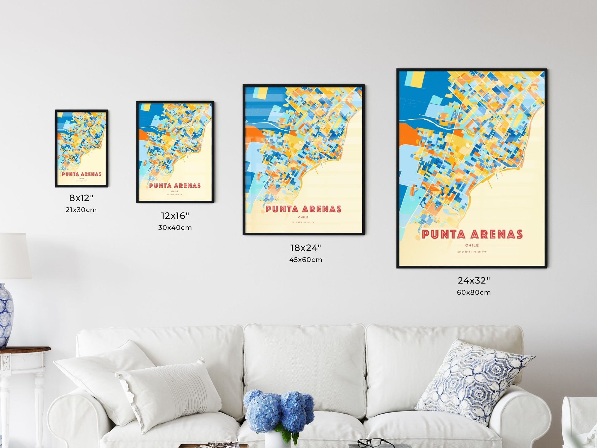 Colorful PUNTA ARENAS CHILE Fine Art Map Blue Orange