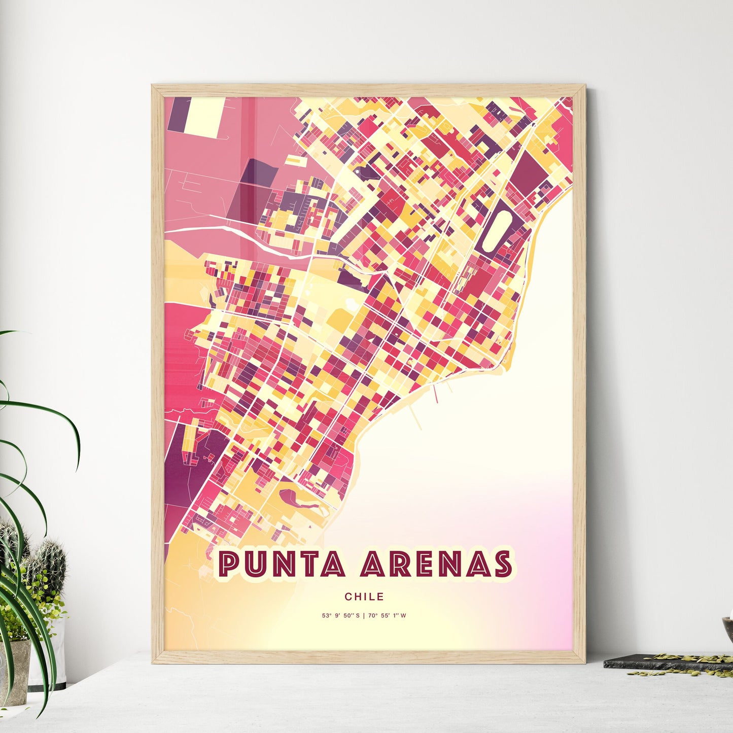 Colorful PUNTA ARENAS CHILE Fine Art Map Hot Red