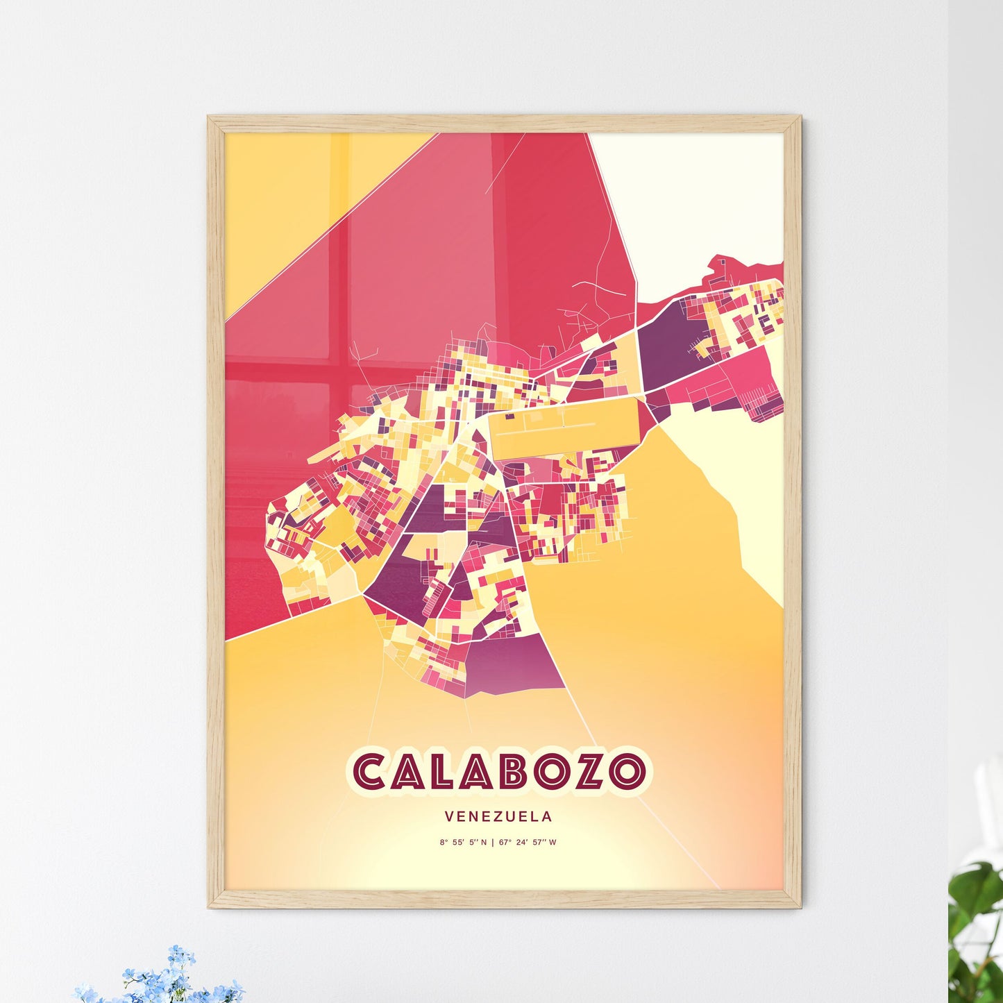 Colorful CALABOZO VENEZUELA Fine Art Map Hot Red