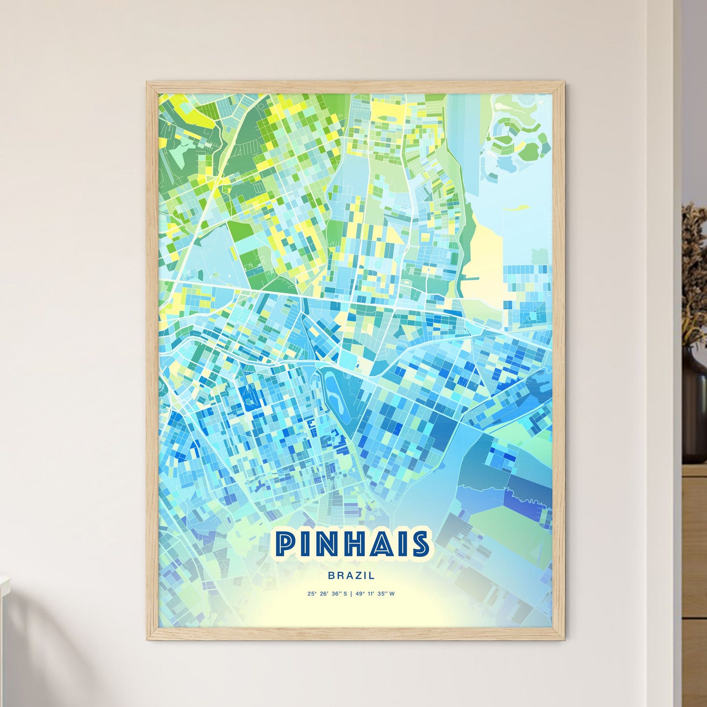 Colorful PINHAIS BRAZIL Fine Art Map Cool Blue