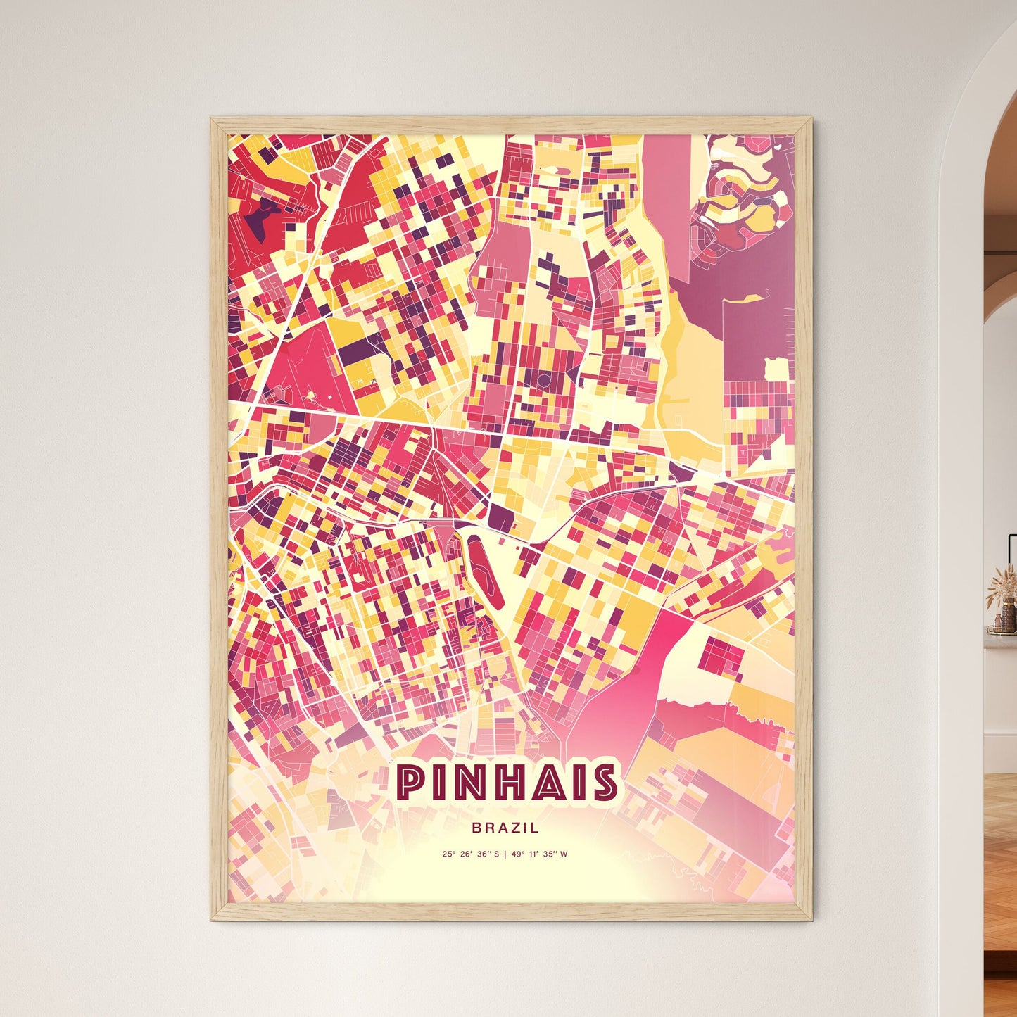 Colorful PINHAIS BRAZIL Fine Art Map Hot Red