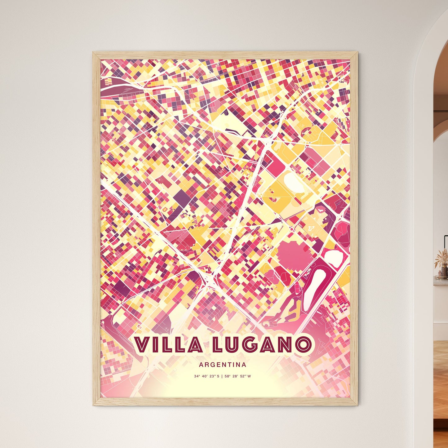 Colorful VILLA LUGANO ARGENTINA Fine Art Map Hot Red