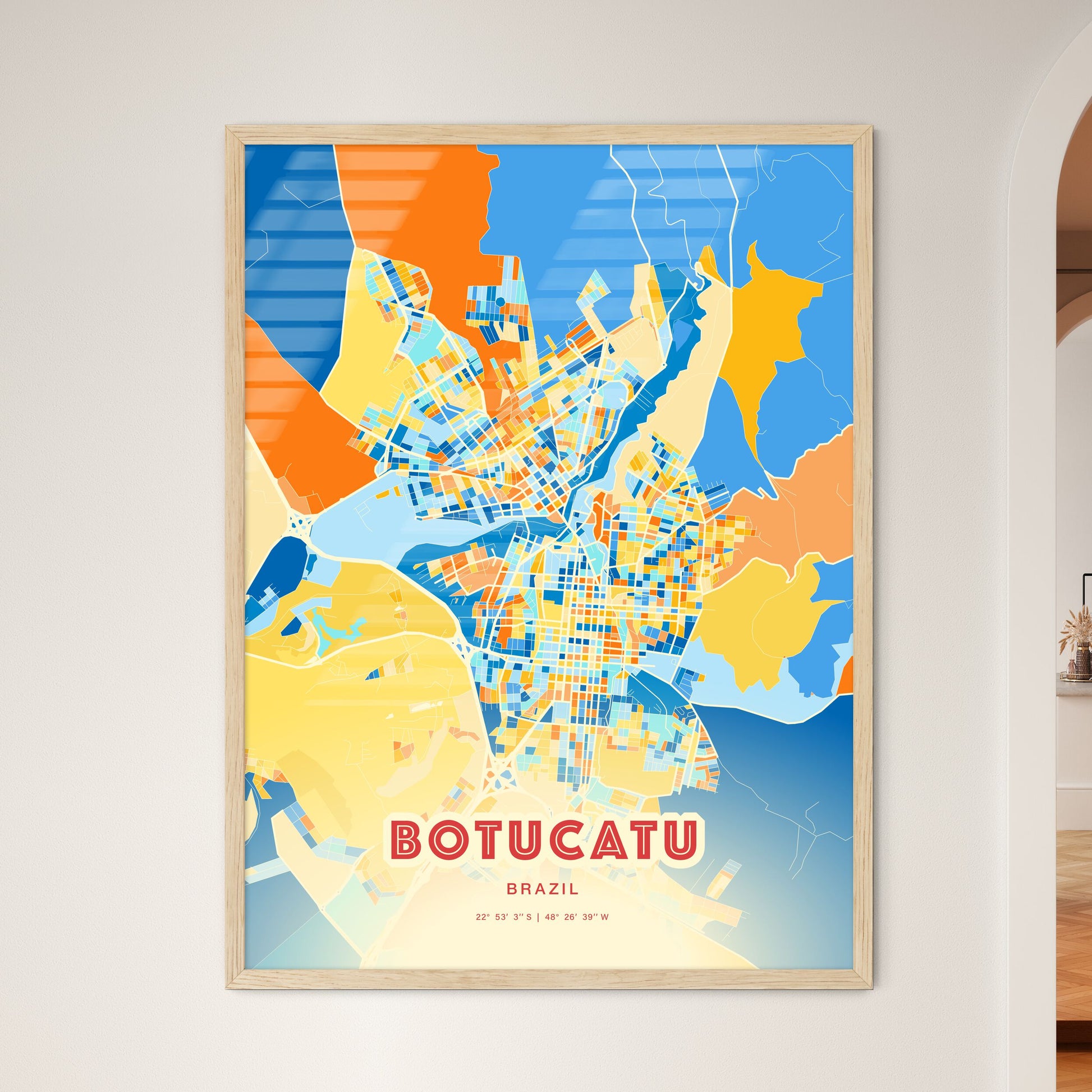 Colorful BOTUCATU BRAZIL Fine Art Map Blue Orange