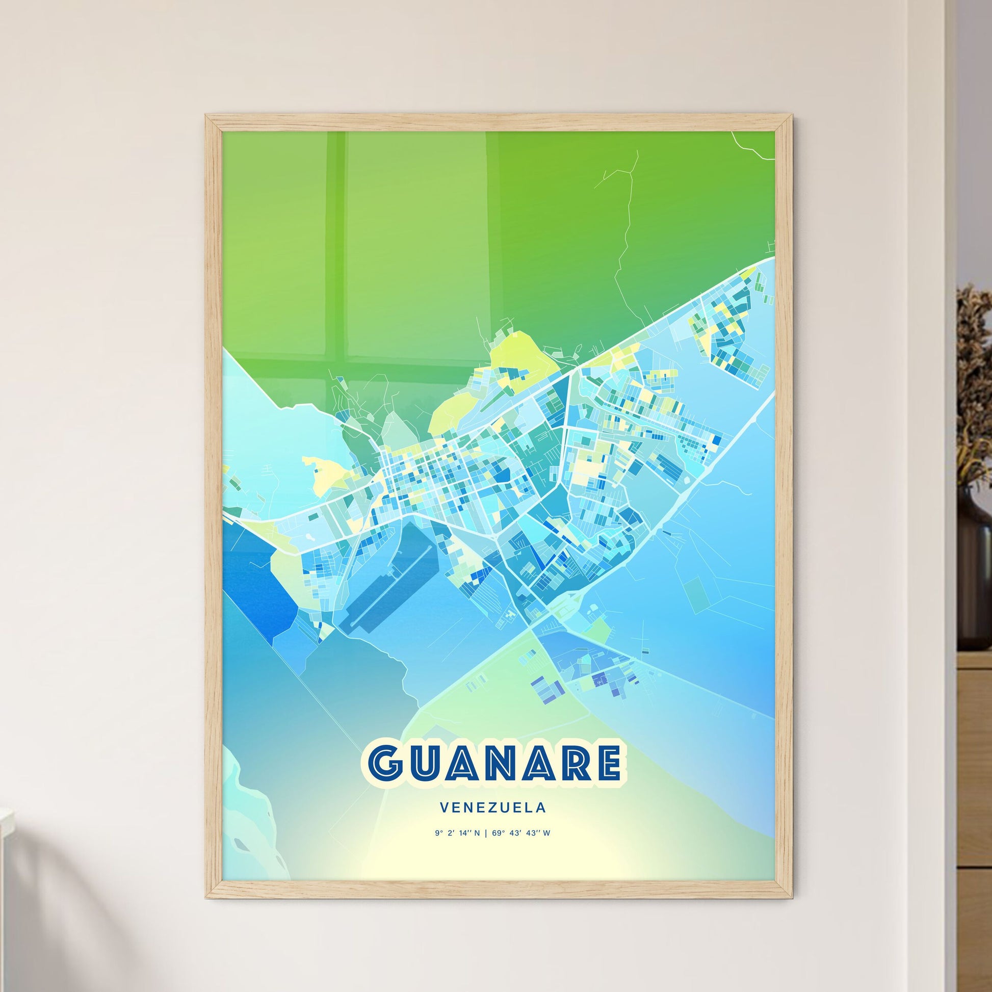 Colorful GUANARE VENEZUELA Fine Art Map Cool Blue