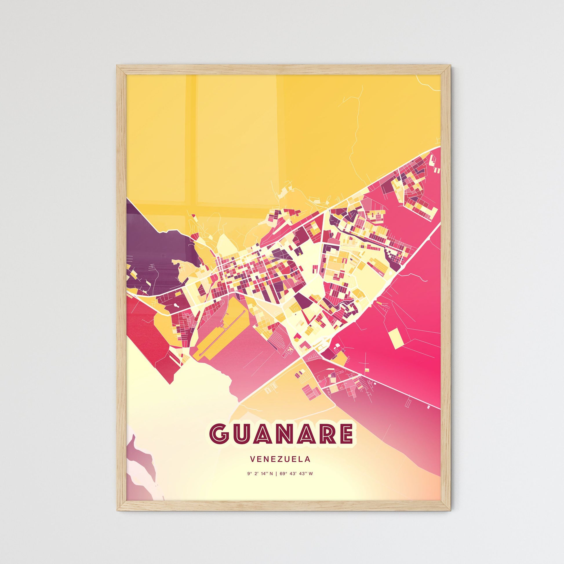 Colorful GUANARE VENEZUELA Fine Art Map Hot Red