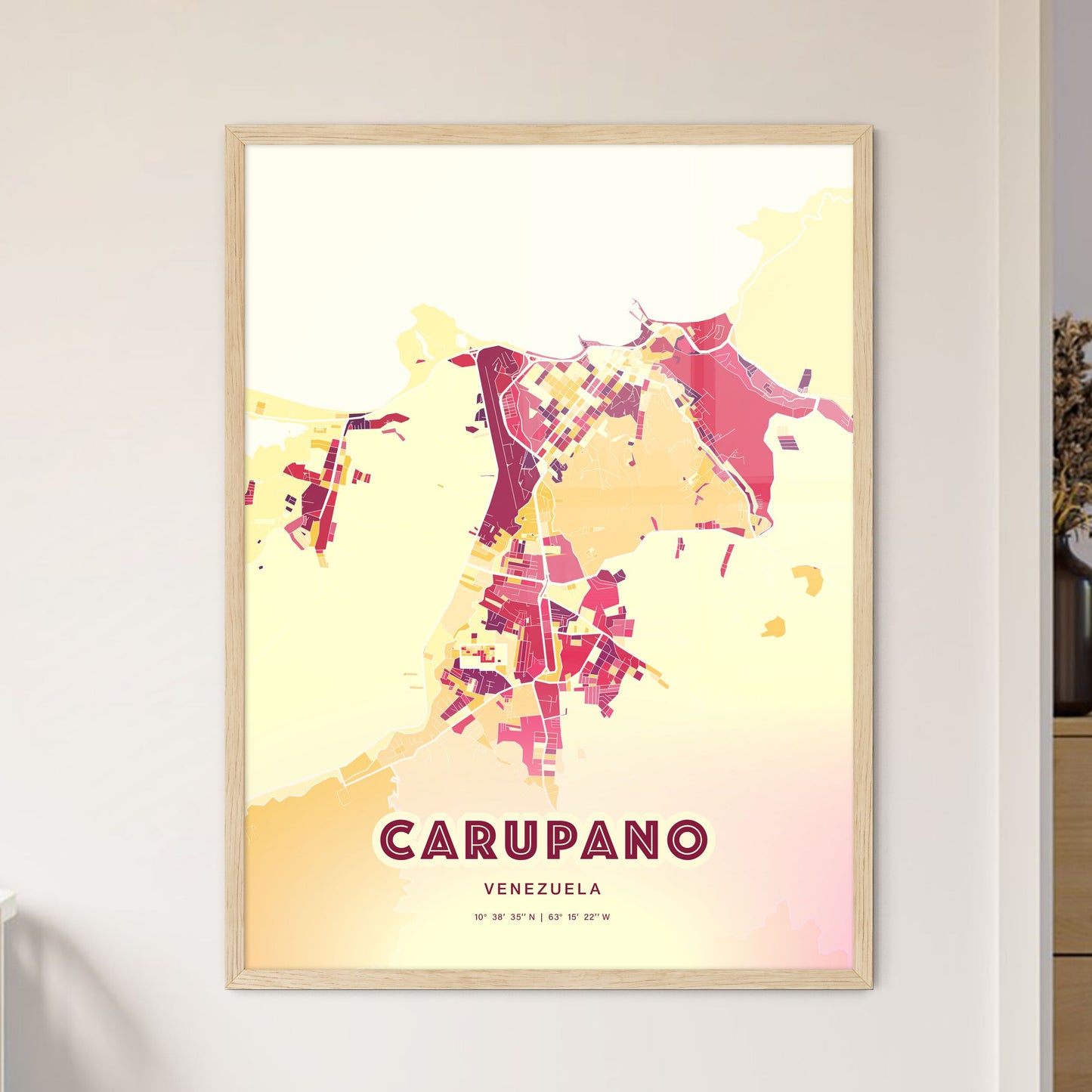 Colorful CARUPANO VENEZUELA Fine Art Map Hot Red