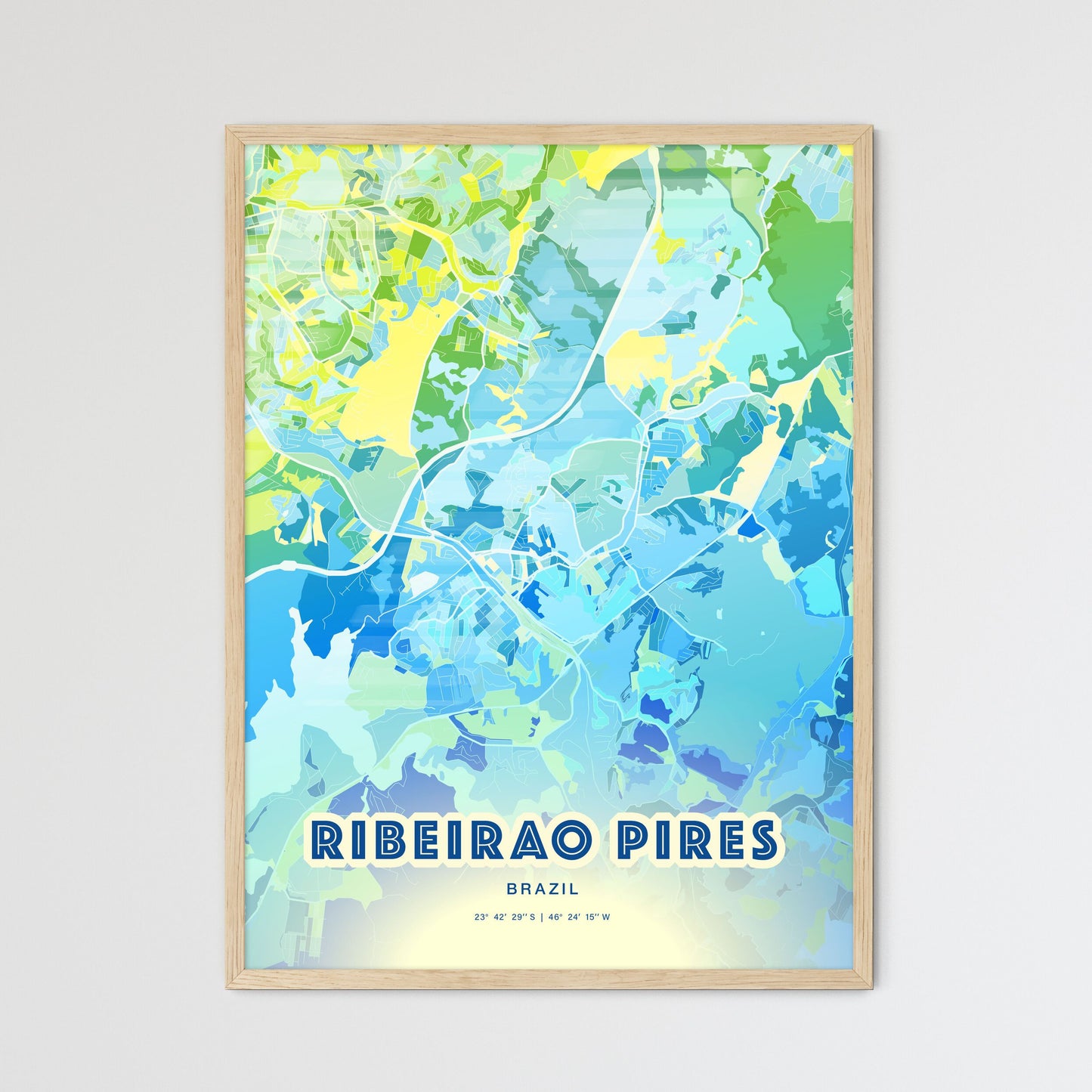 Colorful RIBEIRAO PIRES BRAZIL Fine Art Map Cool Blue