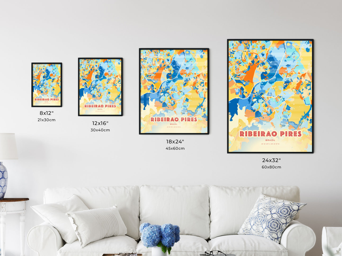 Colorful RIBEIRAO PIRES BRAZIL Fine Art Map Blue Orange