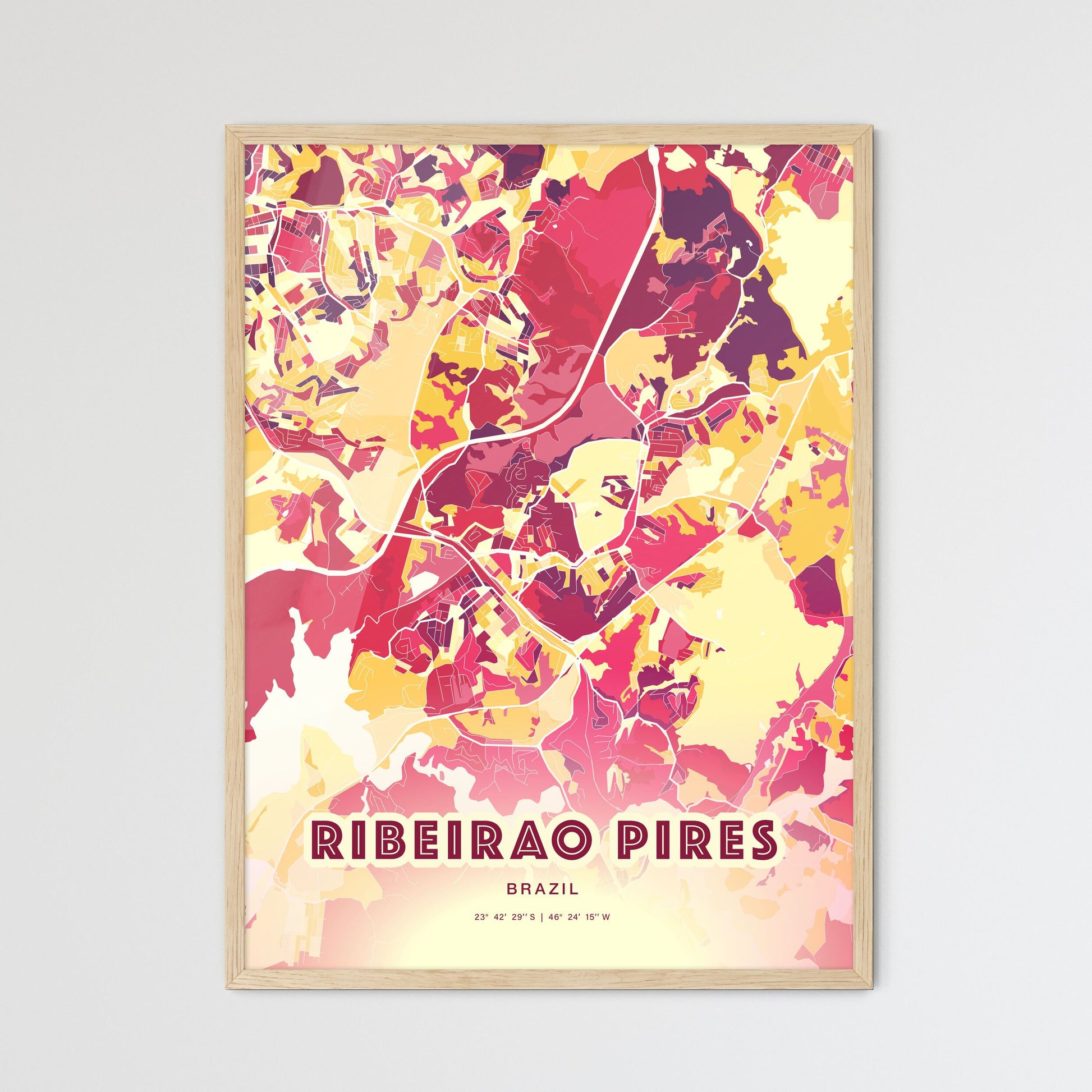 Colorful RIBEIRAO PIRES BRAZIL Fine Art Map Hot Red