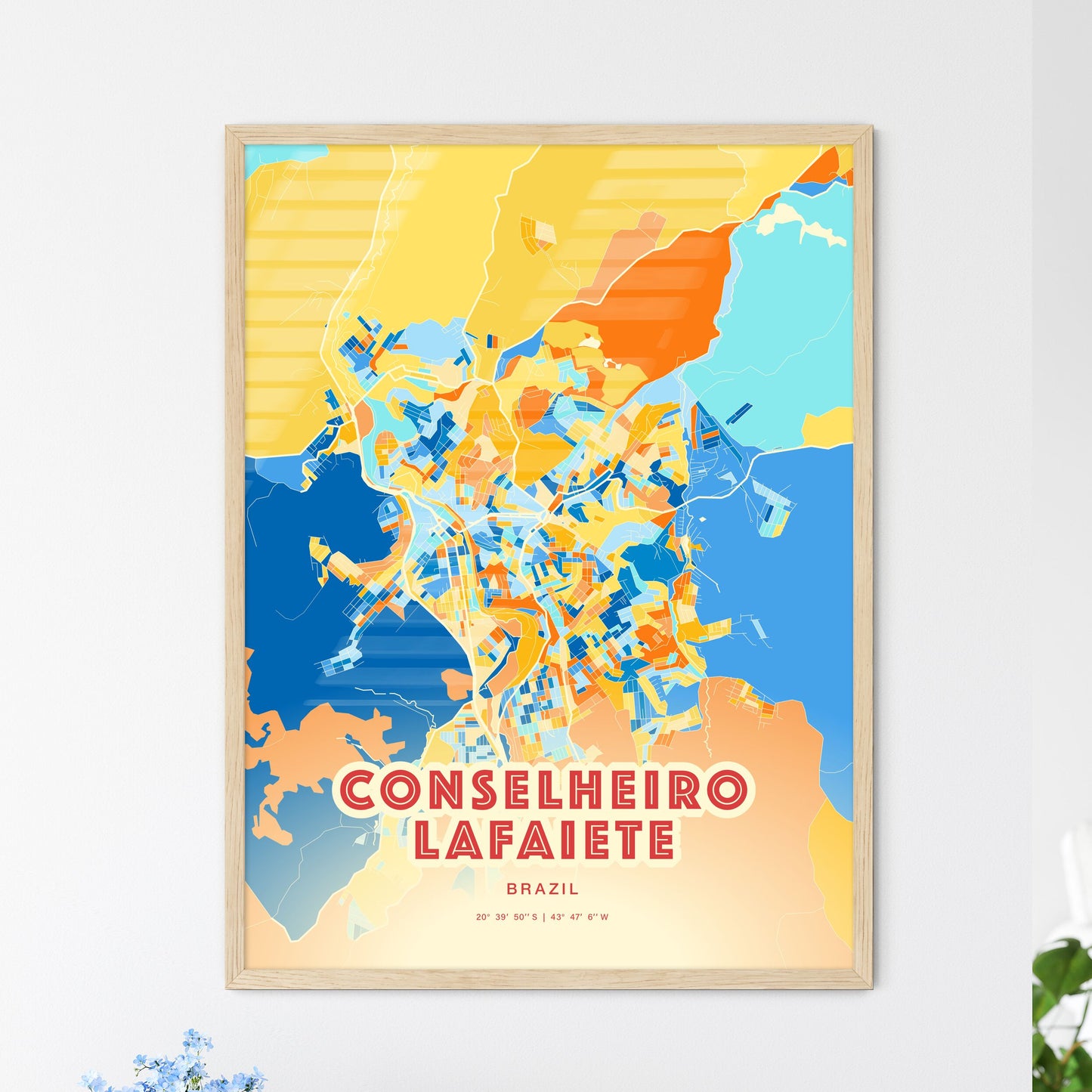 Colorful CONSELHEIRO LAFAIETE BRAZIL Fine Art Map Blue Orange