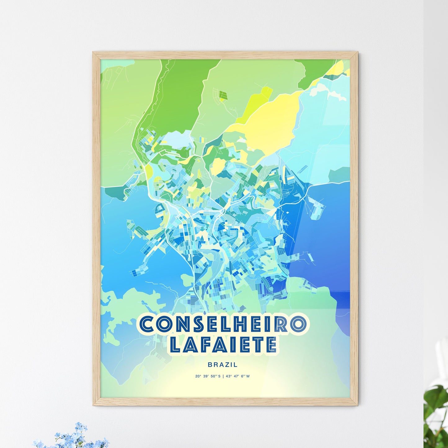 Colorful CONSELHEIRO LAFAIETE BRAZIL Fine Art Map Cool Blue