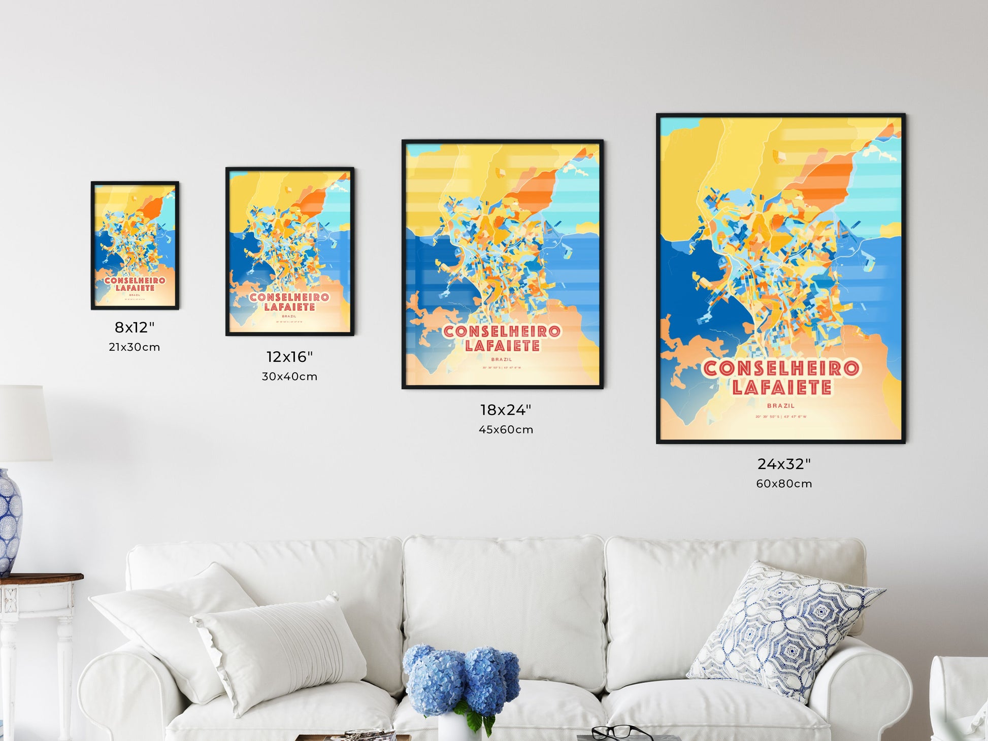 Colorful CONSELHEIRO LAFAIETE BRAZIL Fine Art Map Blue Orange