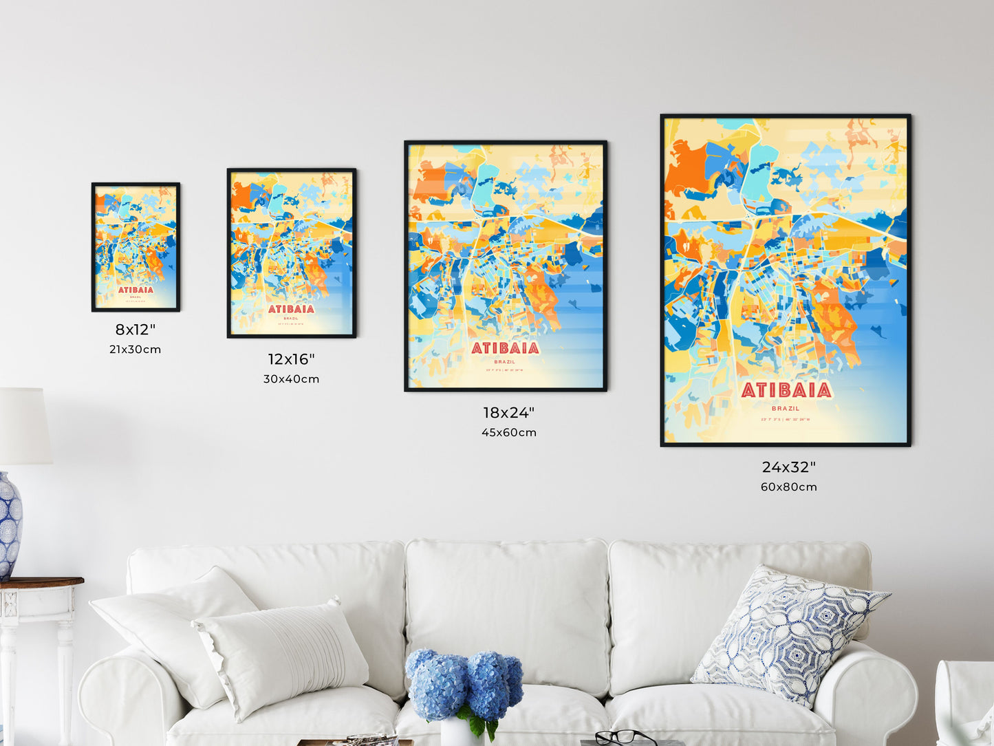 Colorful ATIBAIA BRAZIL Fine Art Map Blue Orange