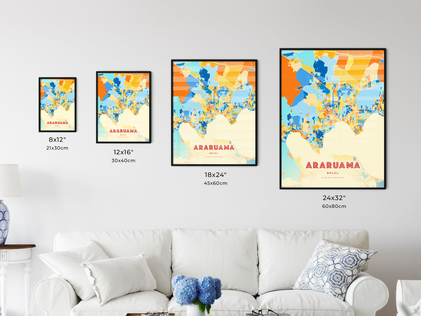 Colorful ARARUAMA BRAZIL Fine Art Map Blue Orange