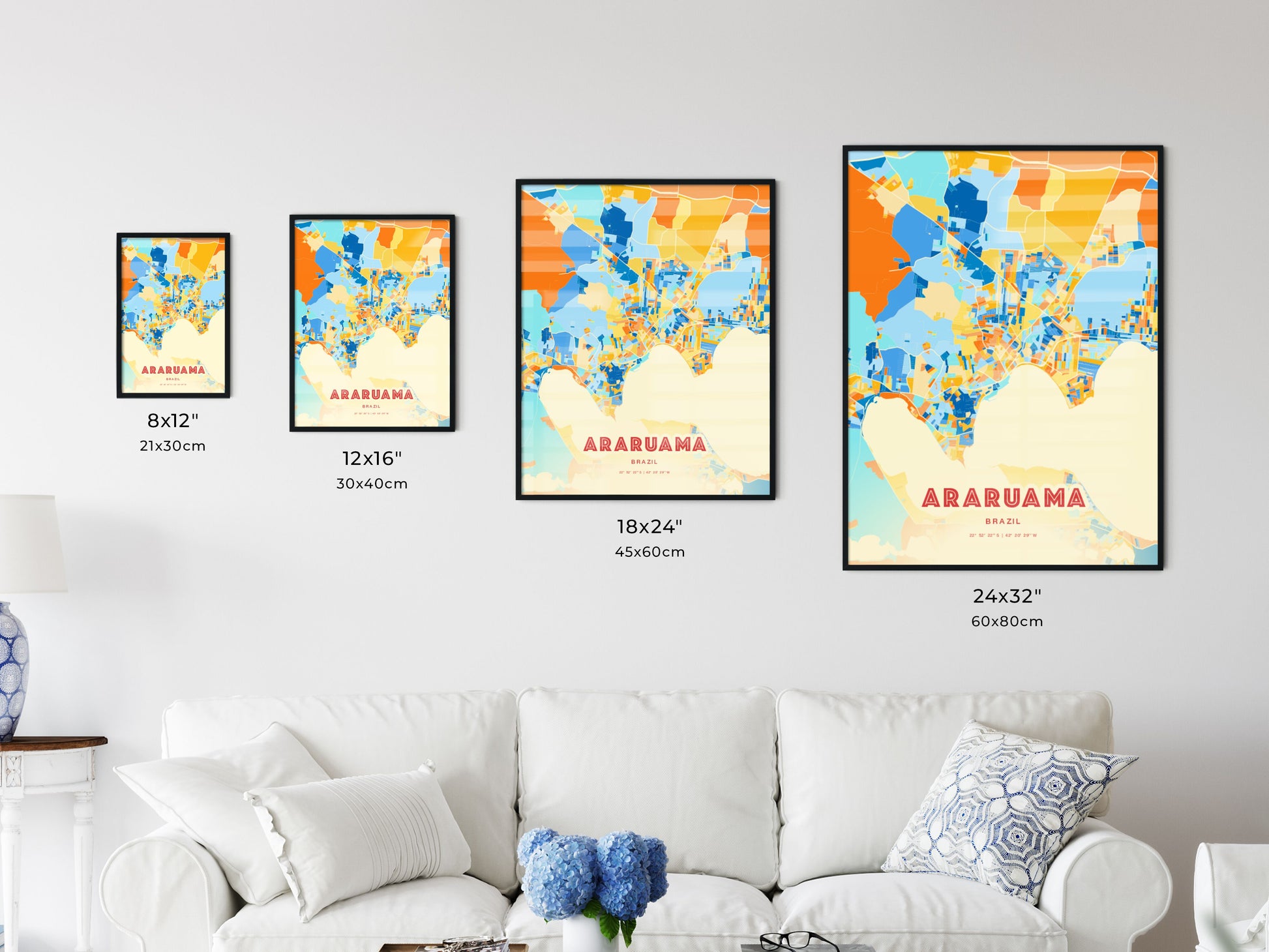 Colorful ARARUAMA BRAZIL Fine Art Map Blue Orange