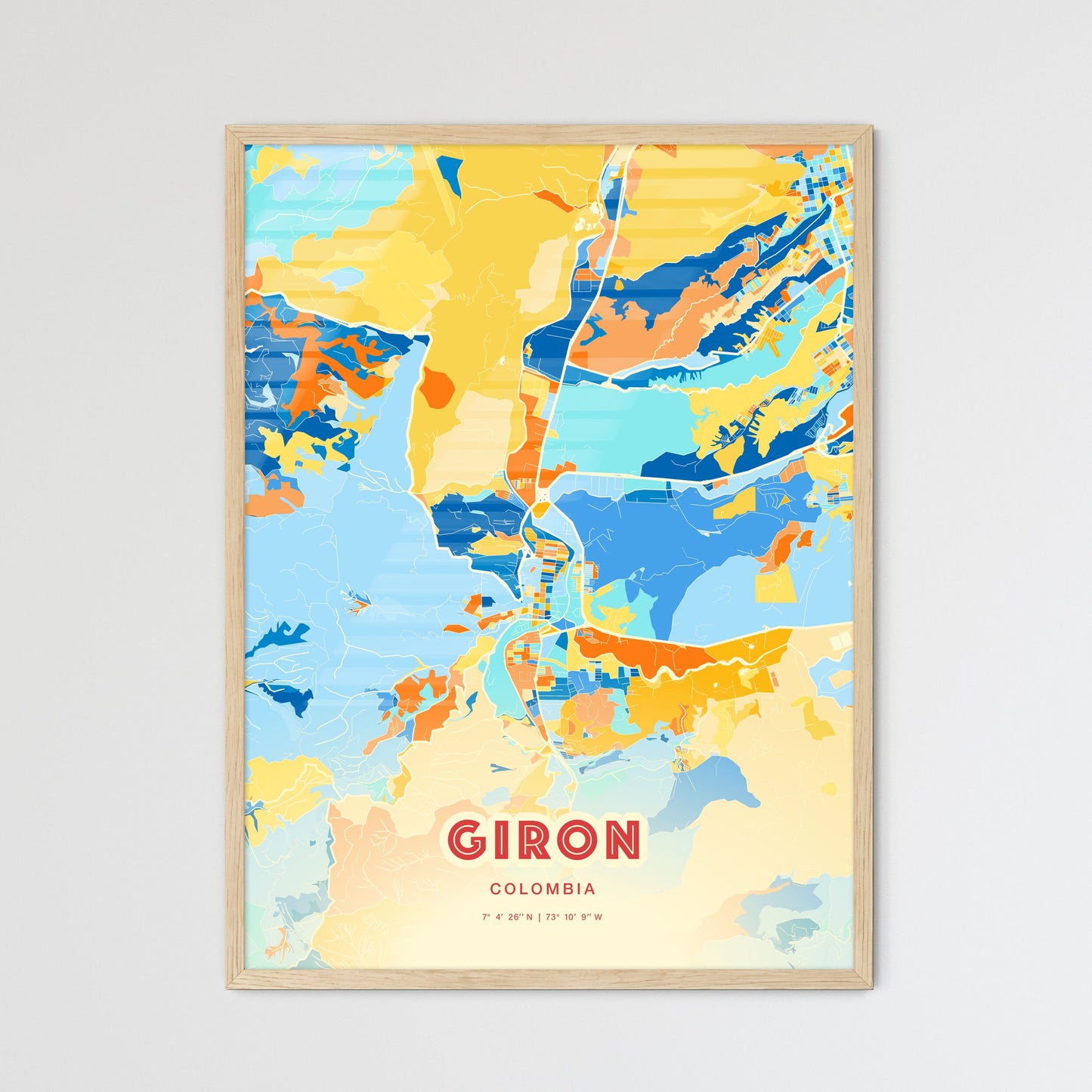 Colorful GIRON COLOMBIA Fine Art Map Blue Orange