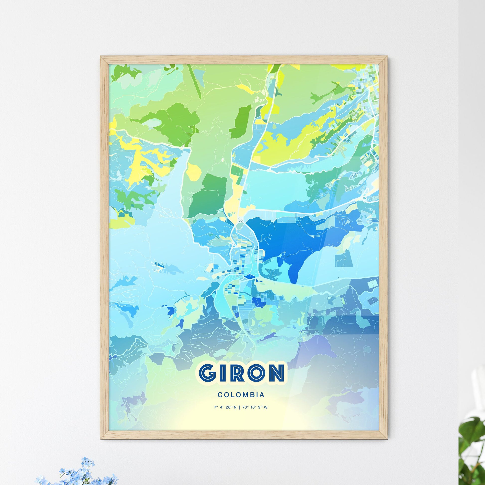 Colorful GIRON COLOMBIA Fine Art Map Cool Blue