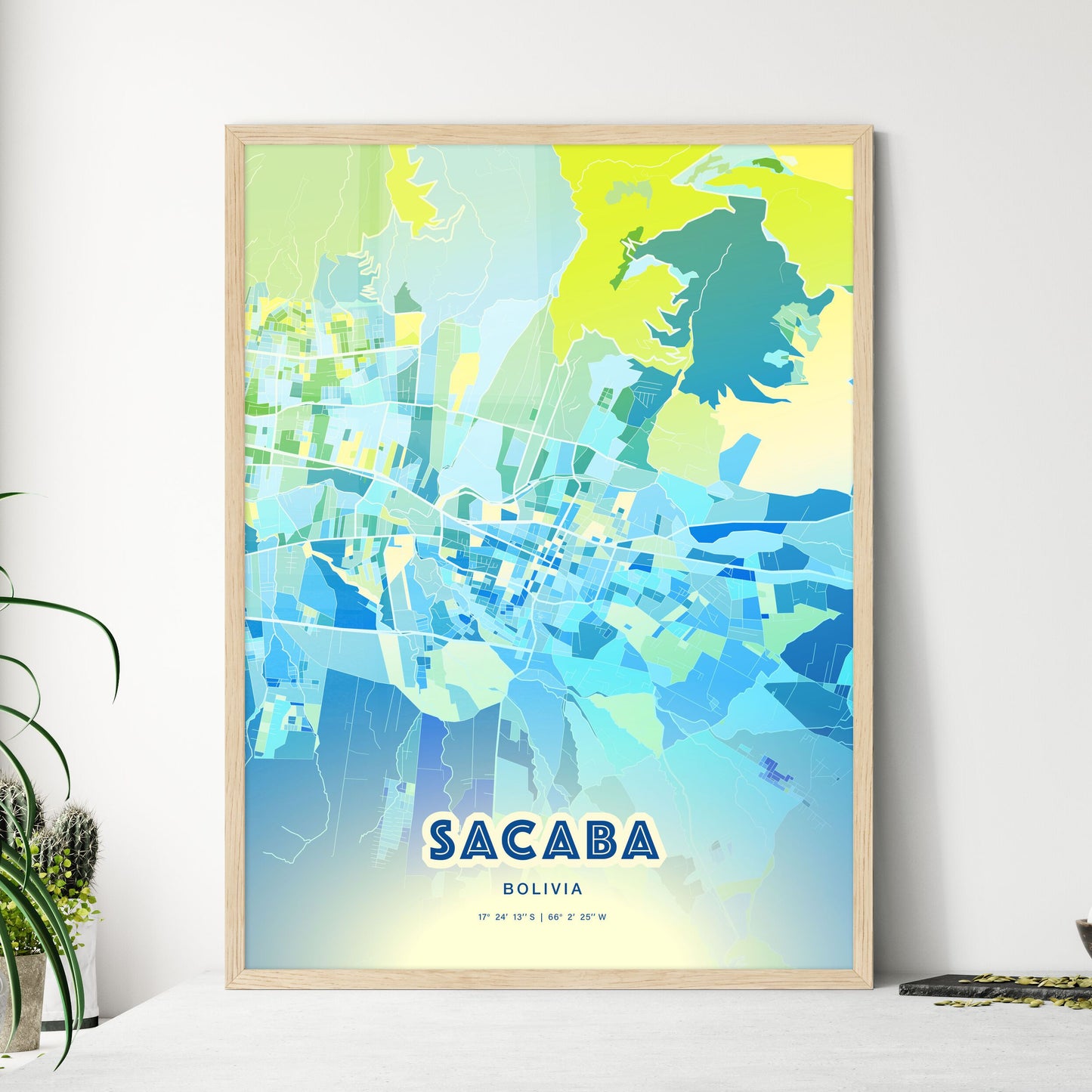 Colorful SACABA BOLIVIA Fine Art Map Cool Blue