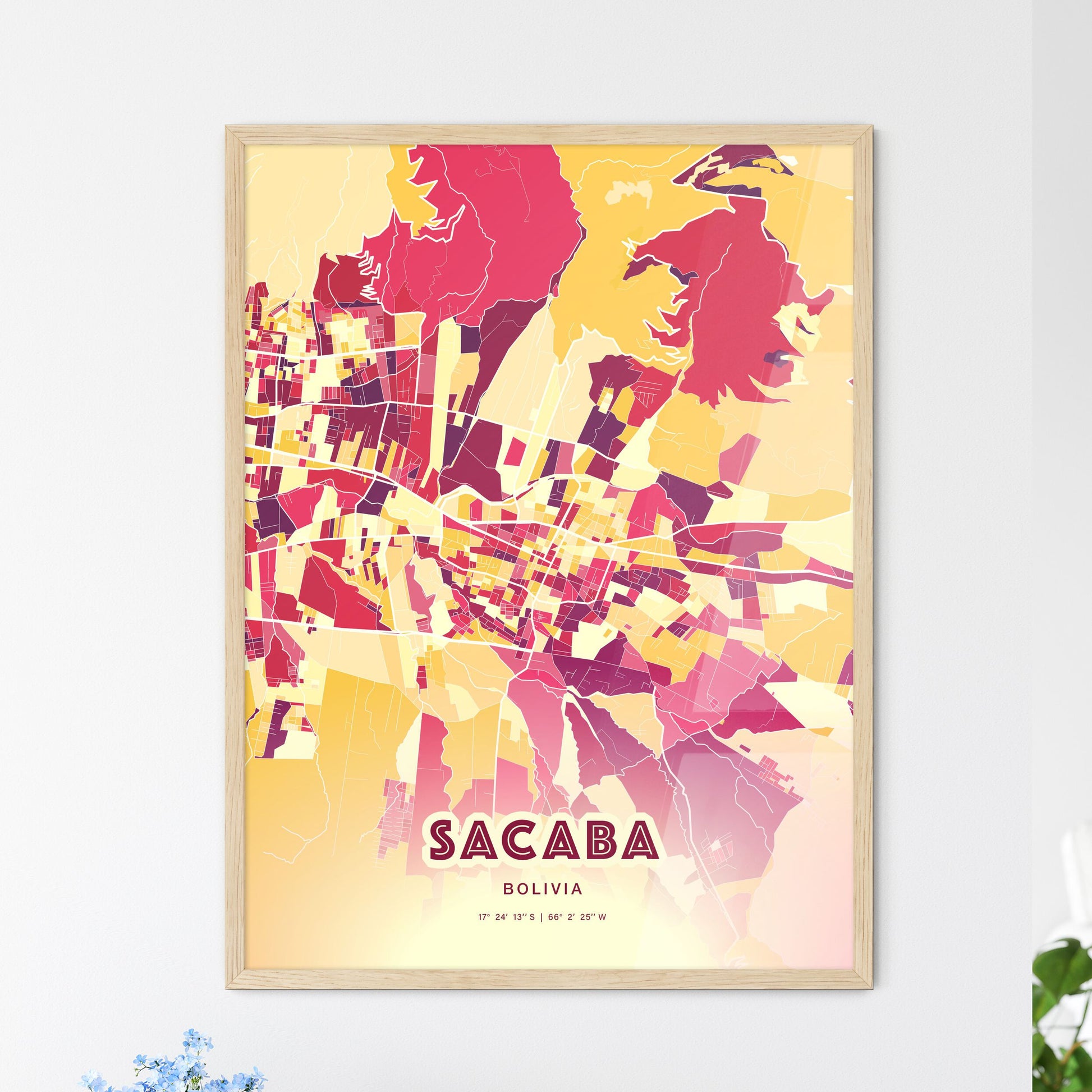 Colorful SACABA BOLIVIA Fine Art Map Hot Red