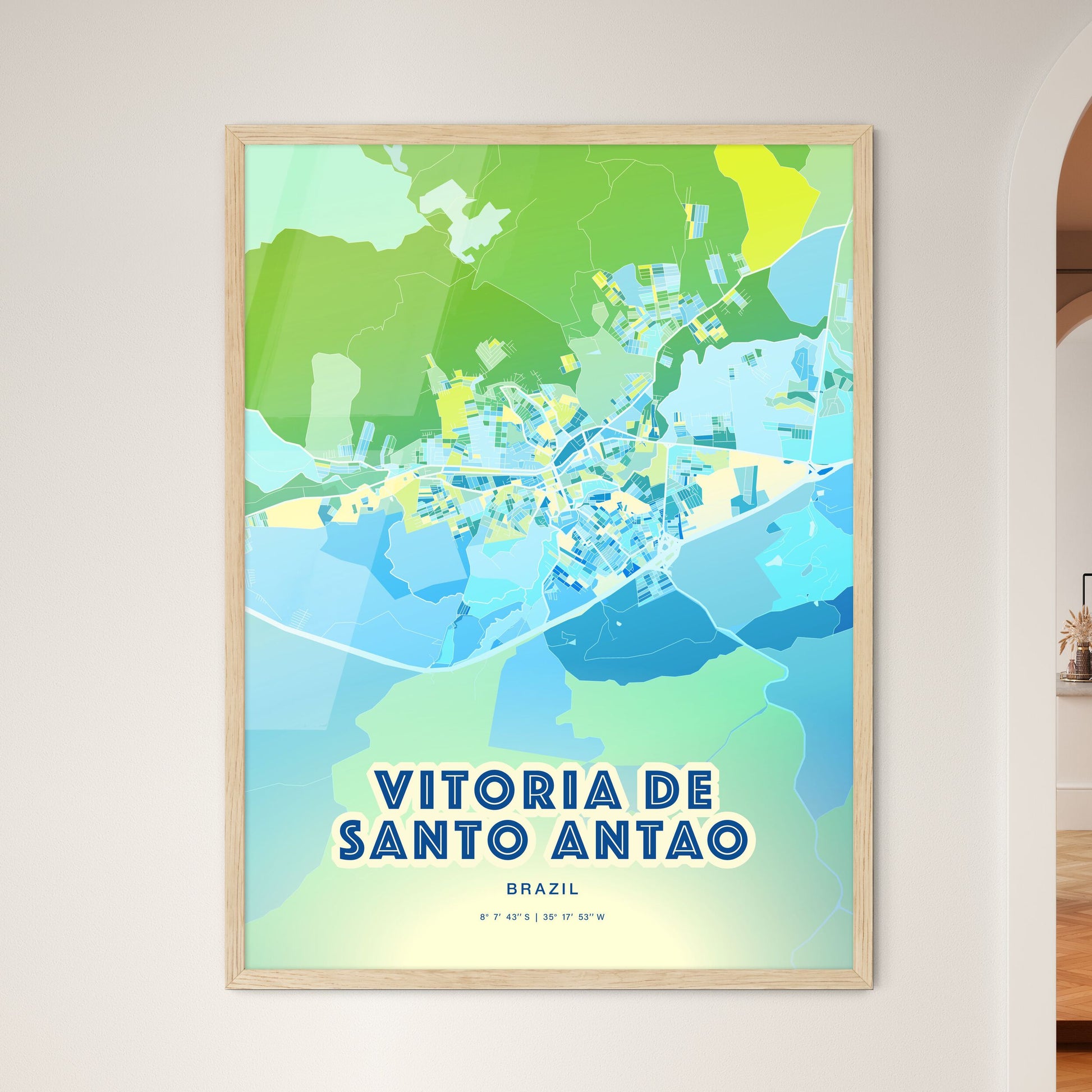 Colorful VITORIA DE SANTO ANTAO BRAZIL Fine Art Map Cool Blue