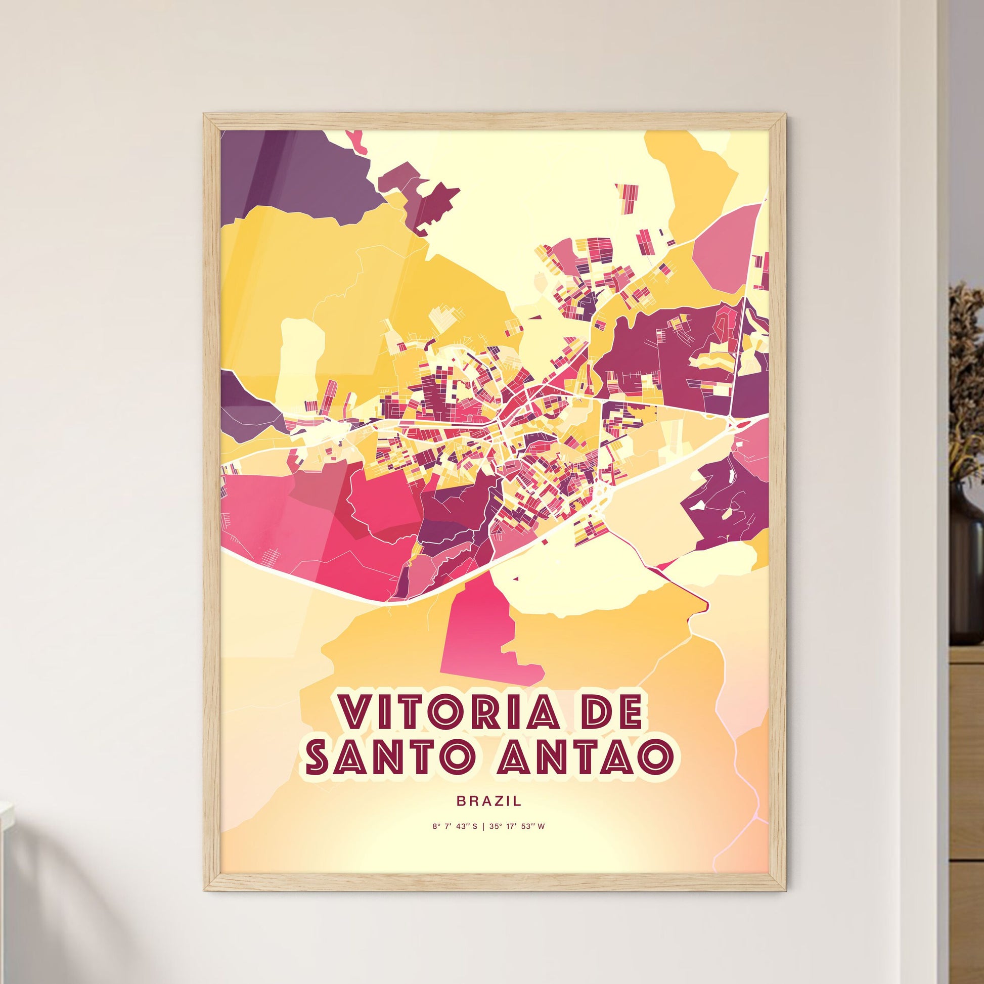 Colorful VITORIA DE SANTO ANTAO BRAZIL Fine Art Map Hot Red