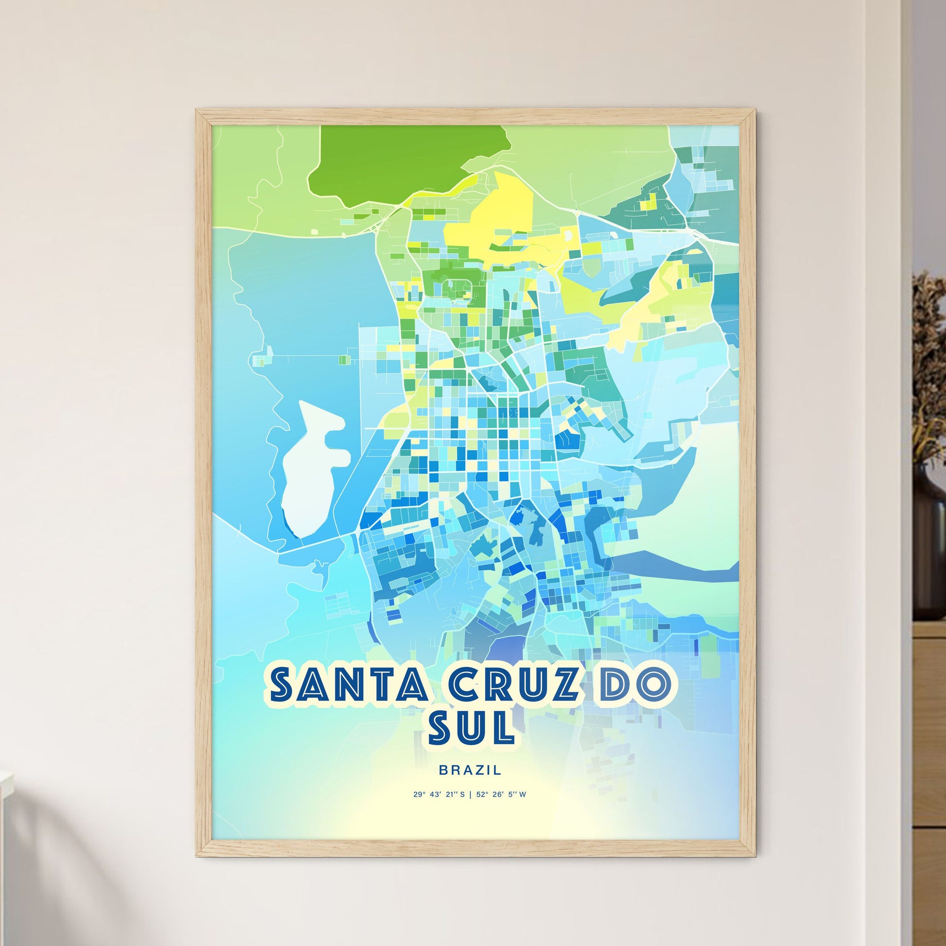 Colorful SANTA CRUZ DO SUL BRAZIL Fine Art Map Cool Blue