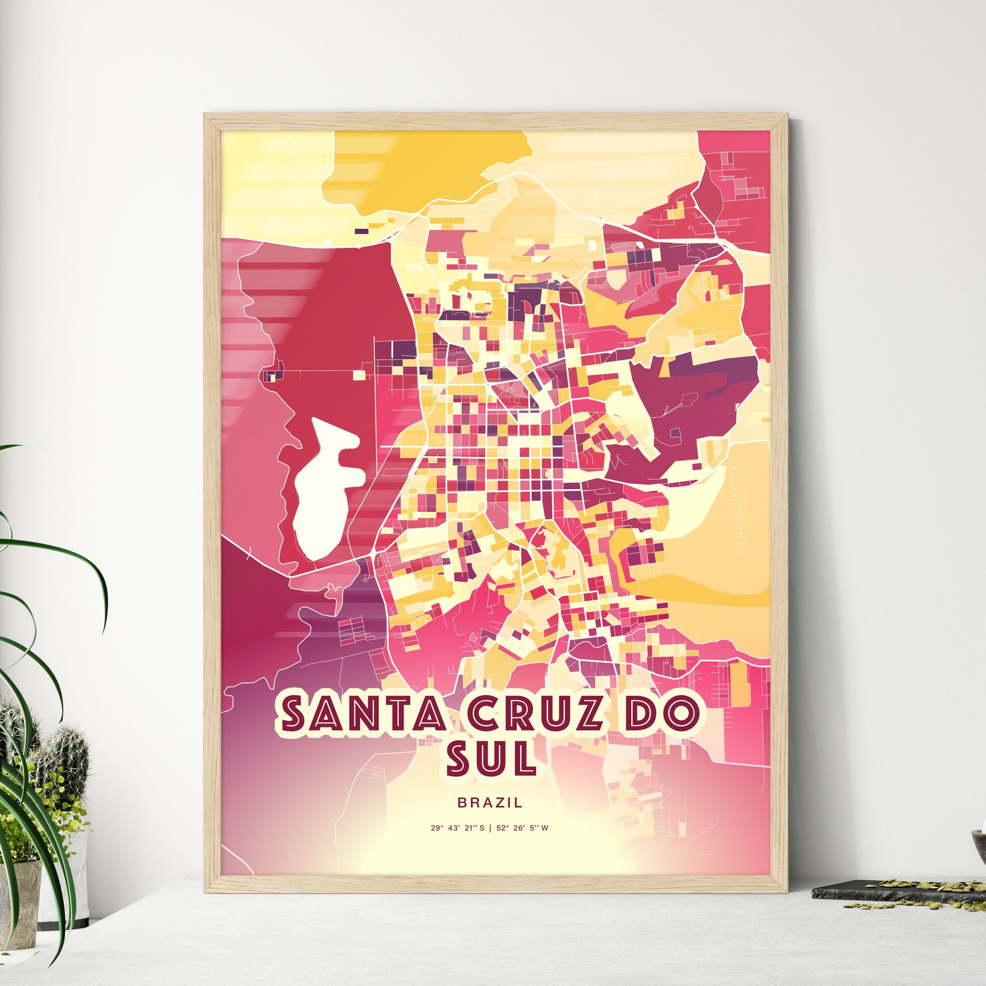 Colorful SANTA CRUZ DO SUL BRAZIL Fine Art Map Hot Red