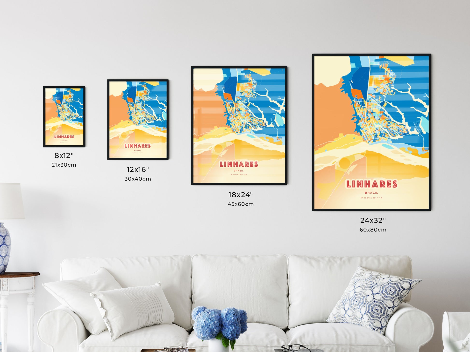 Colorful LINHARES BRAZIL Fine Art Map Blue Orange