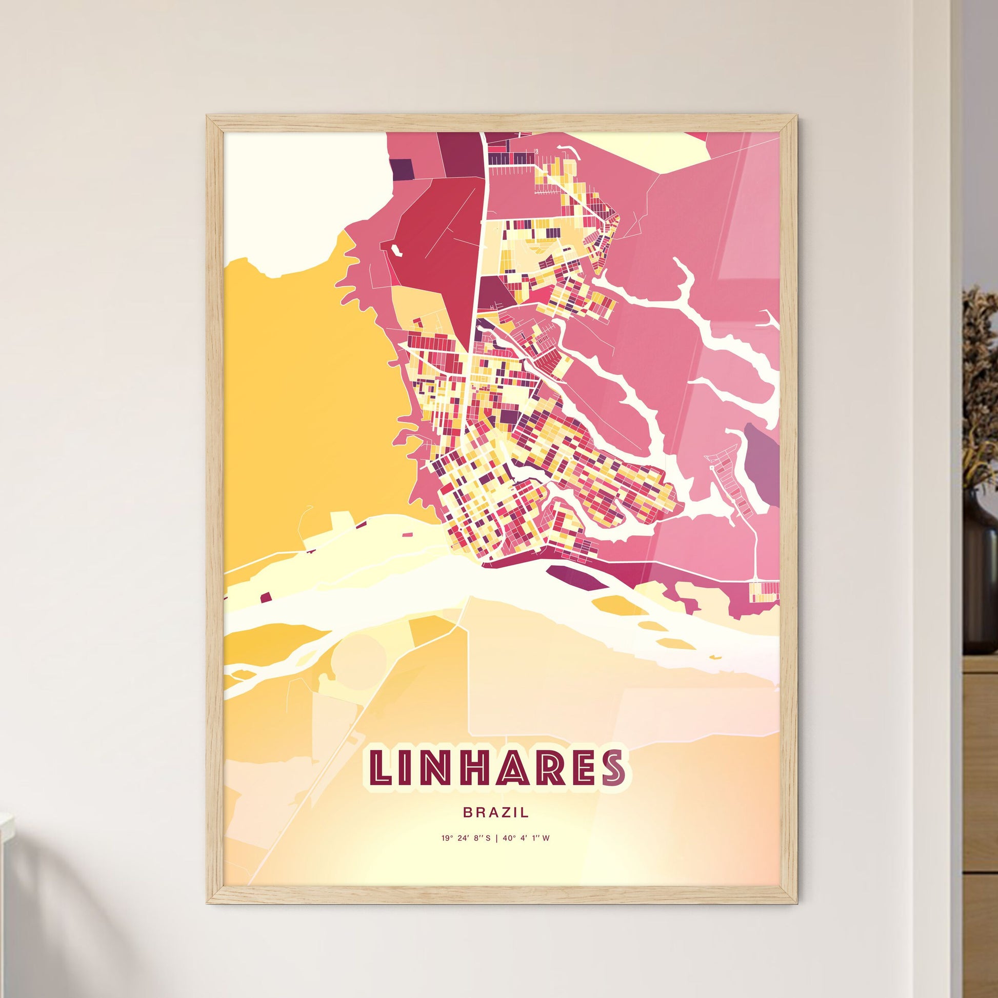 Colorful LINHARES BRAZIL Fine Art Map Hot Red