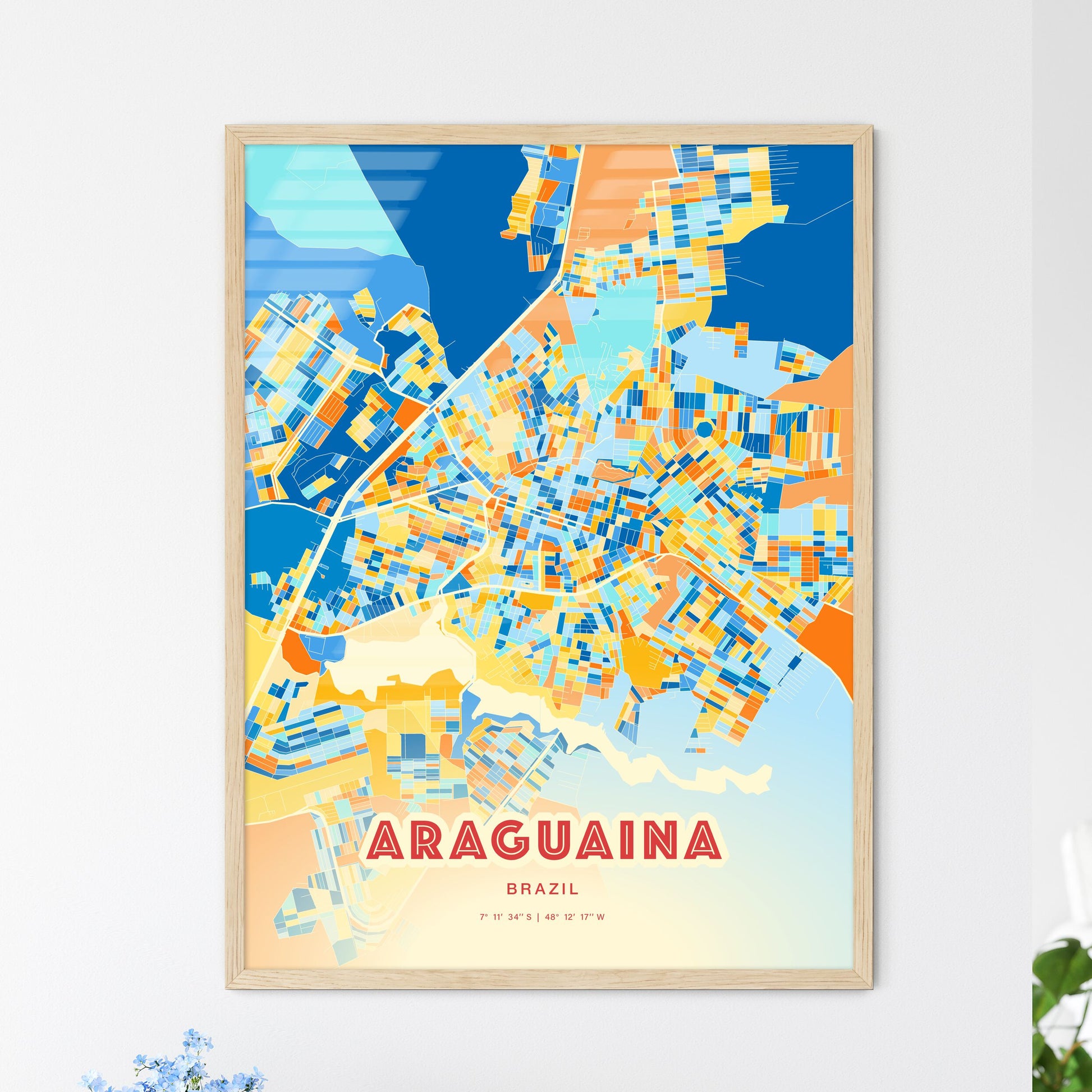 Colorful ARAGUAINA BRAZIL Fine Art Map Blue Orange