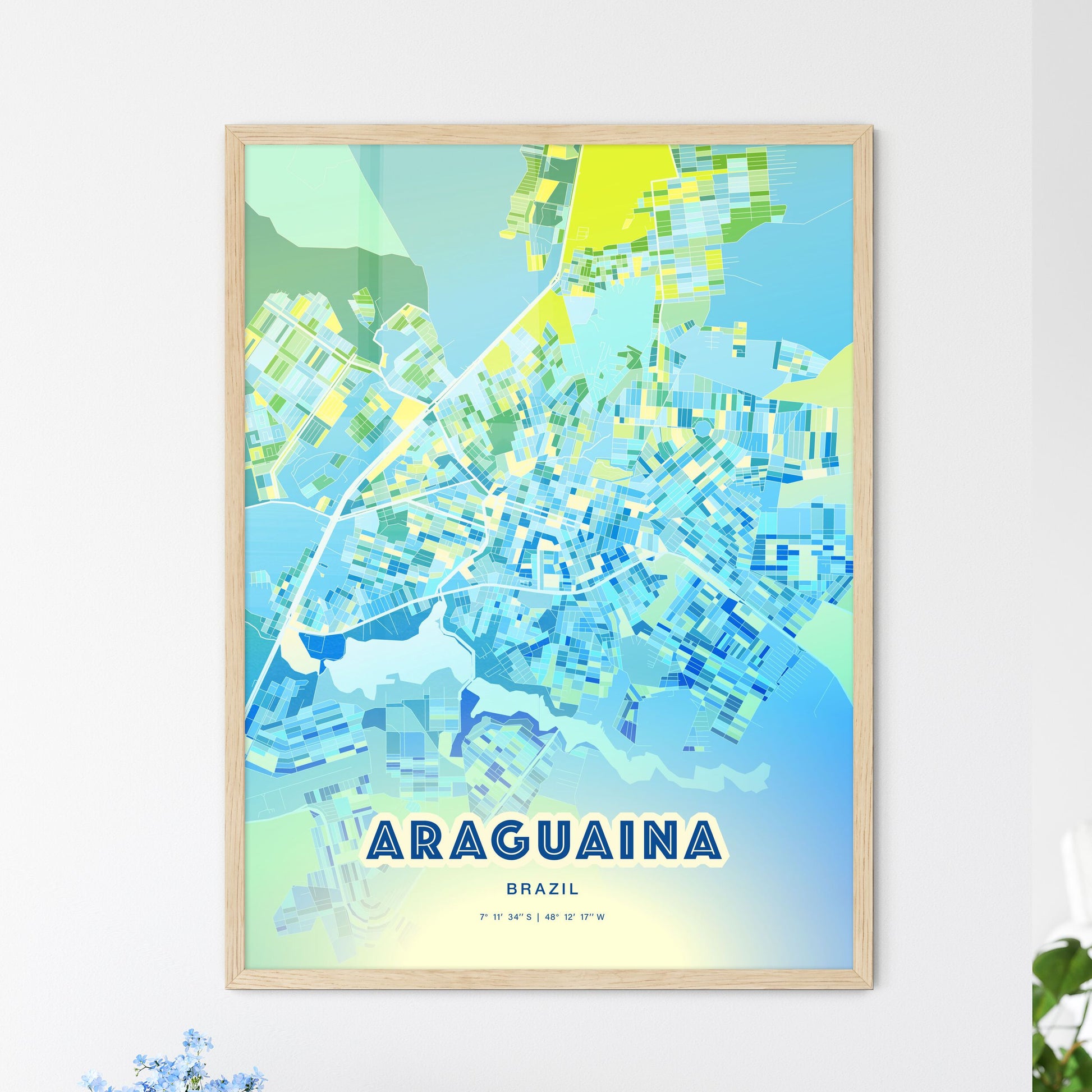 Colorful ARAGUAINA BRAZIL Fine Art Map Cool Blue