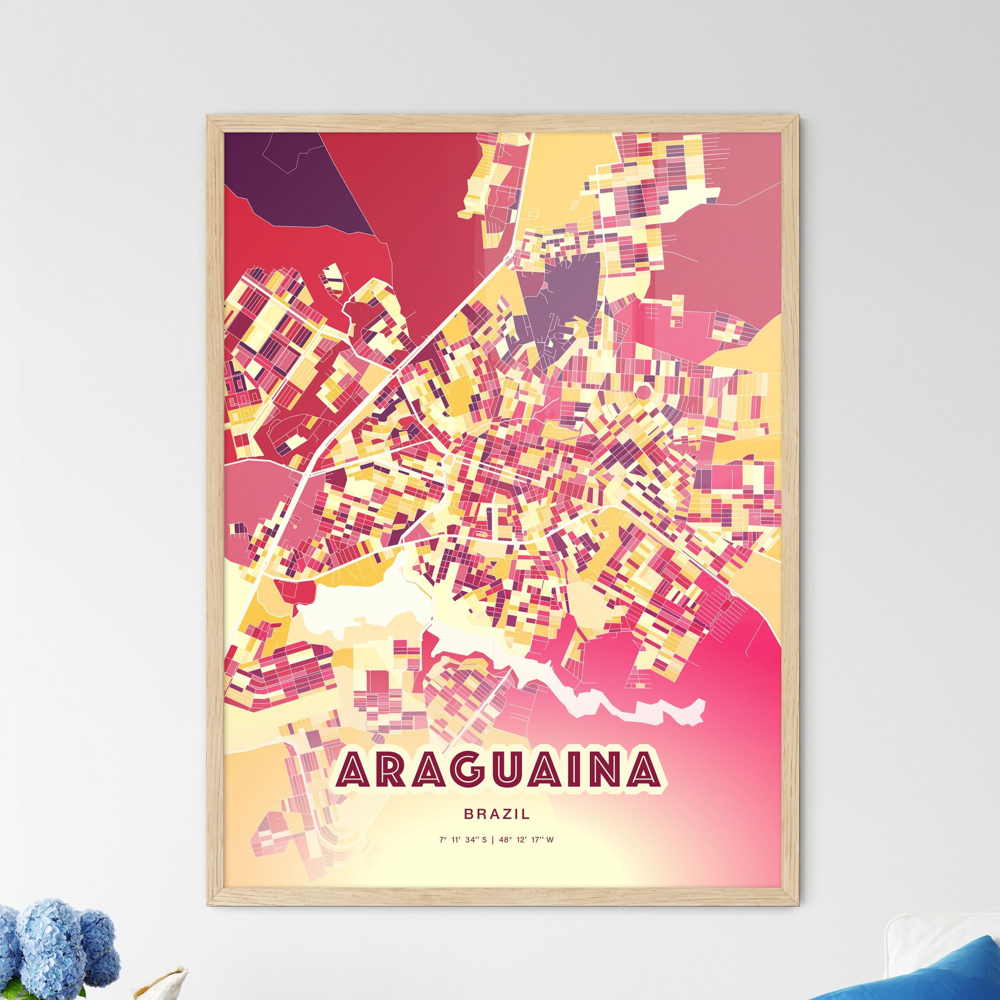 Colorful ARAGUAINA BRAZIL Fine Art Map Hot Red