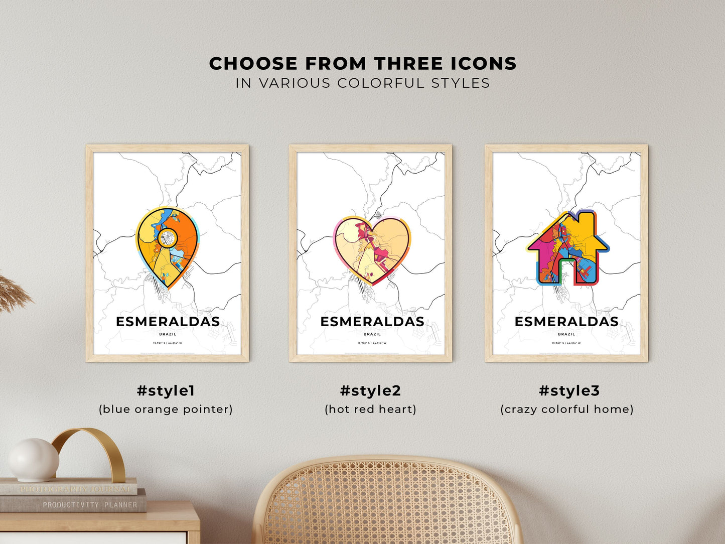 Esmeraldas Brazil maps with colorful icons