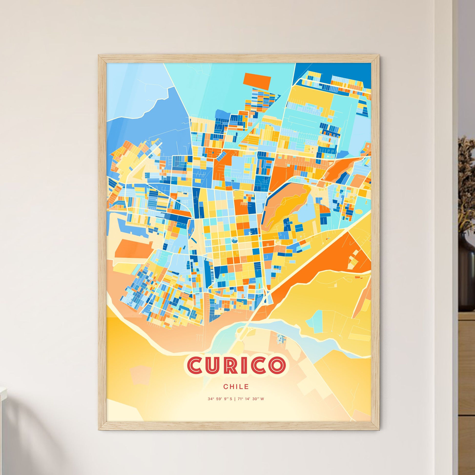 Colorful CURICO CHILE Fine Art Map Blue Orange