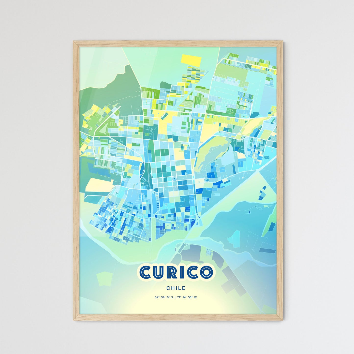 Colorful CURICO CHILE Fine Art Map Cool Blue