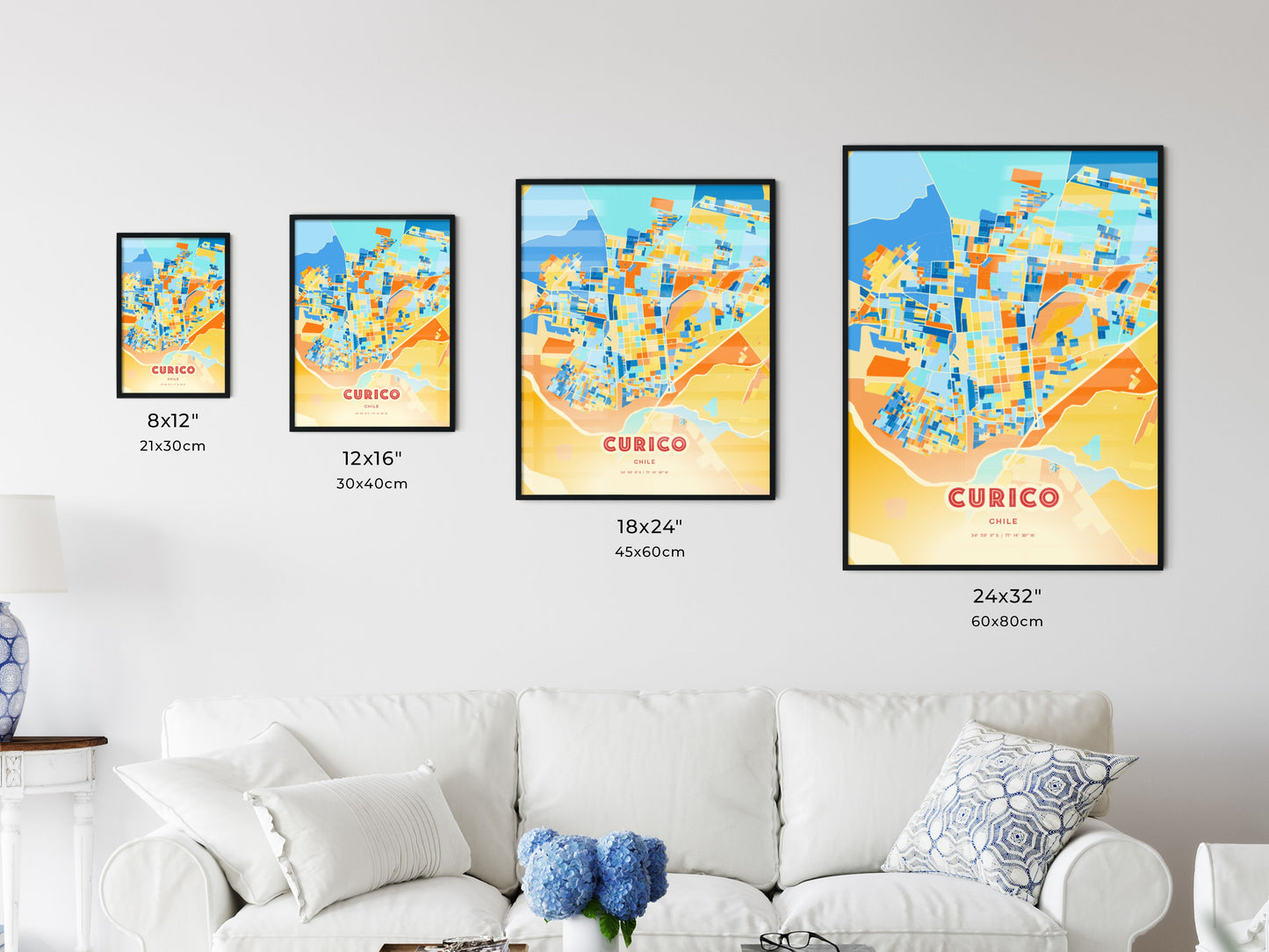 Colorful CURICO CHILE Fine Art Map Blue Orange