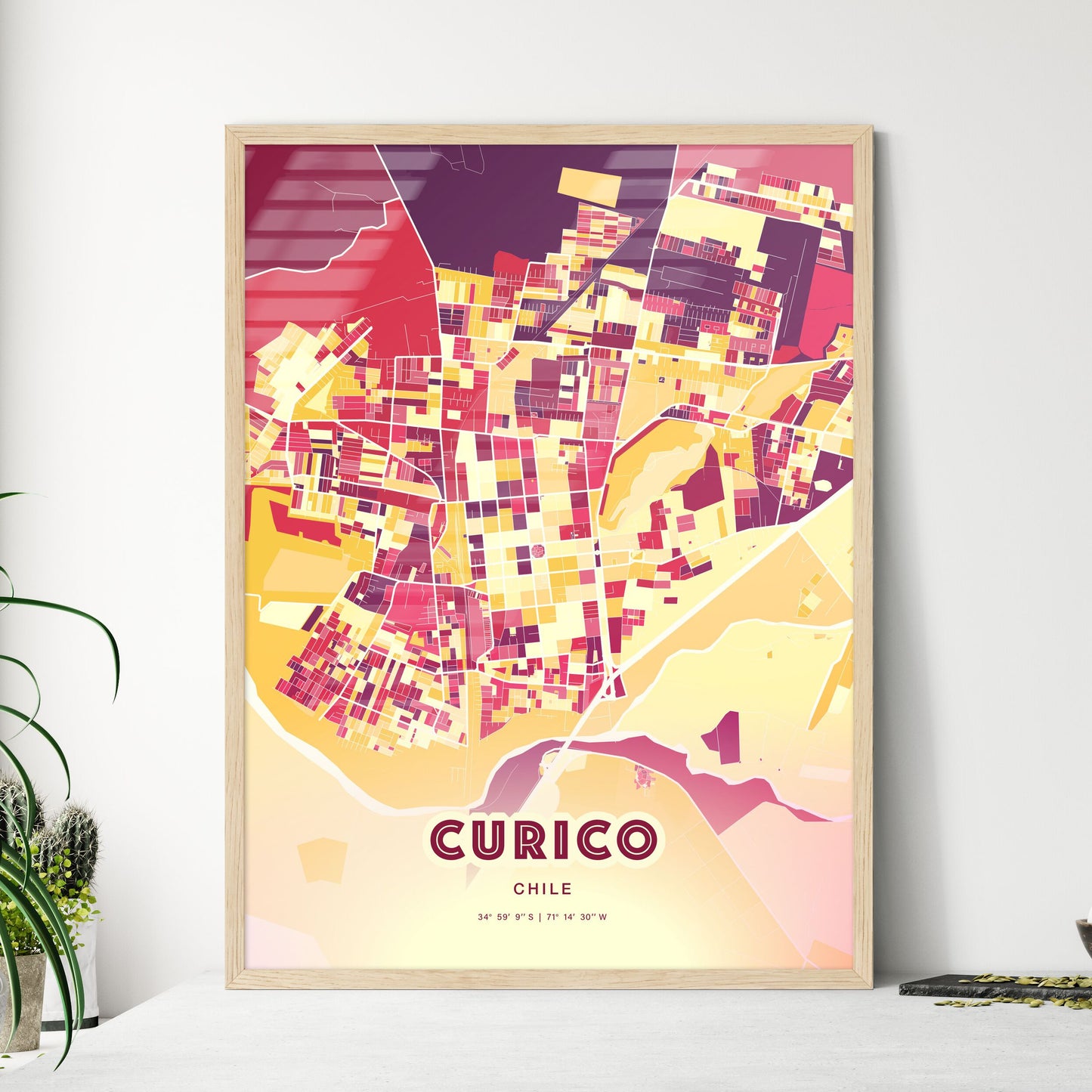 Colorful CURICO CHILE Fine Art Map Hot Red